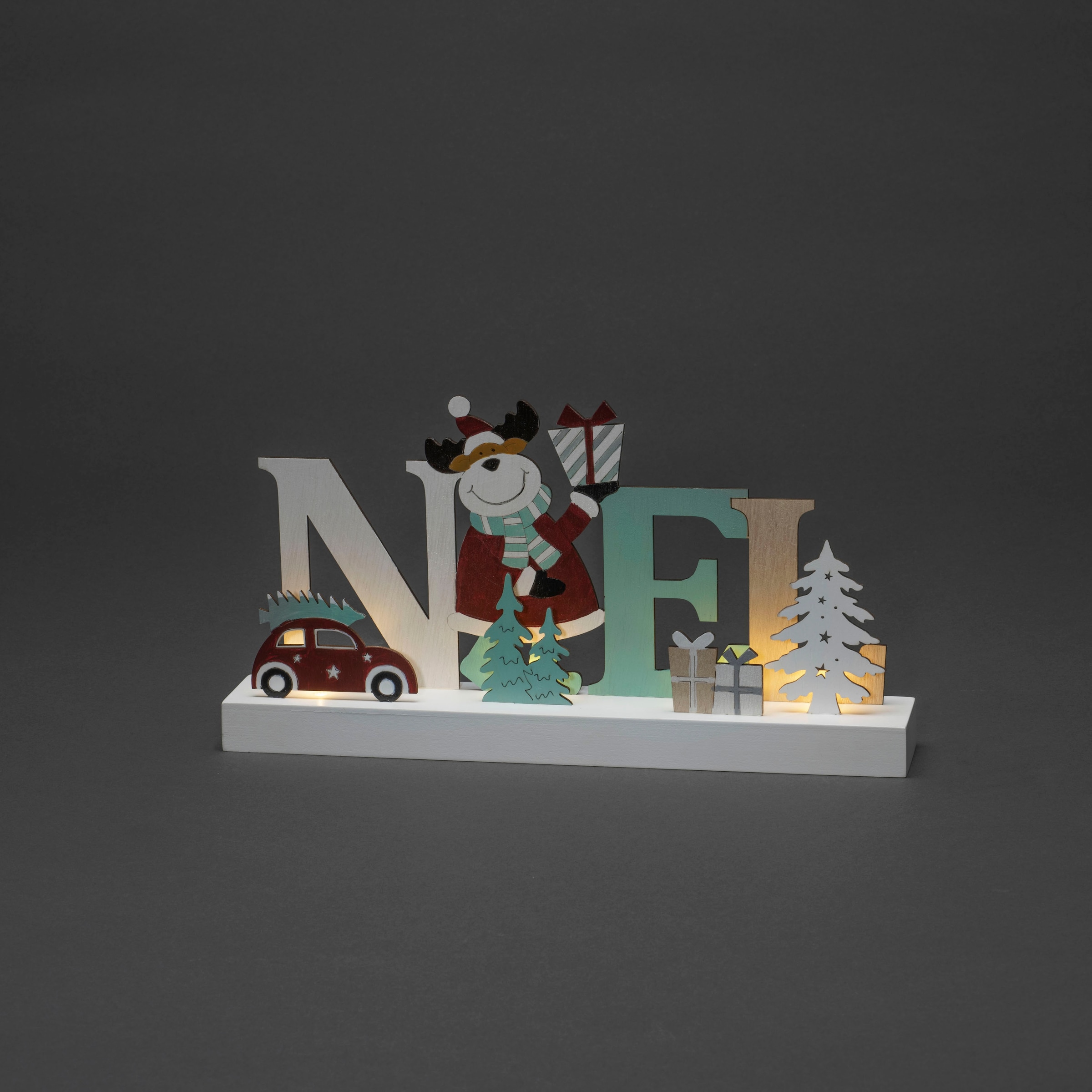 KONSTSMIDE Deko-Schriftzug »Noël«, LED Holzsilhouette, 6h Timer, 4 warm weiße Dioden, batteriebetrieben