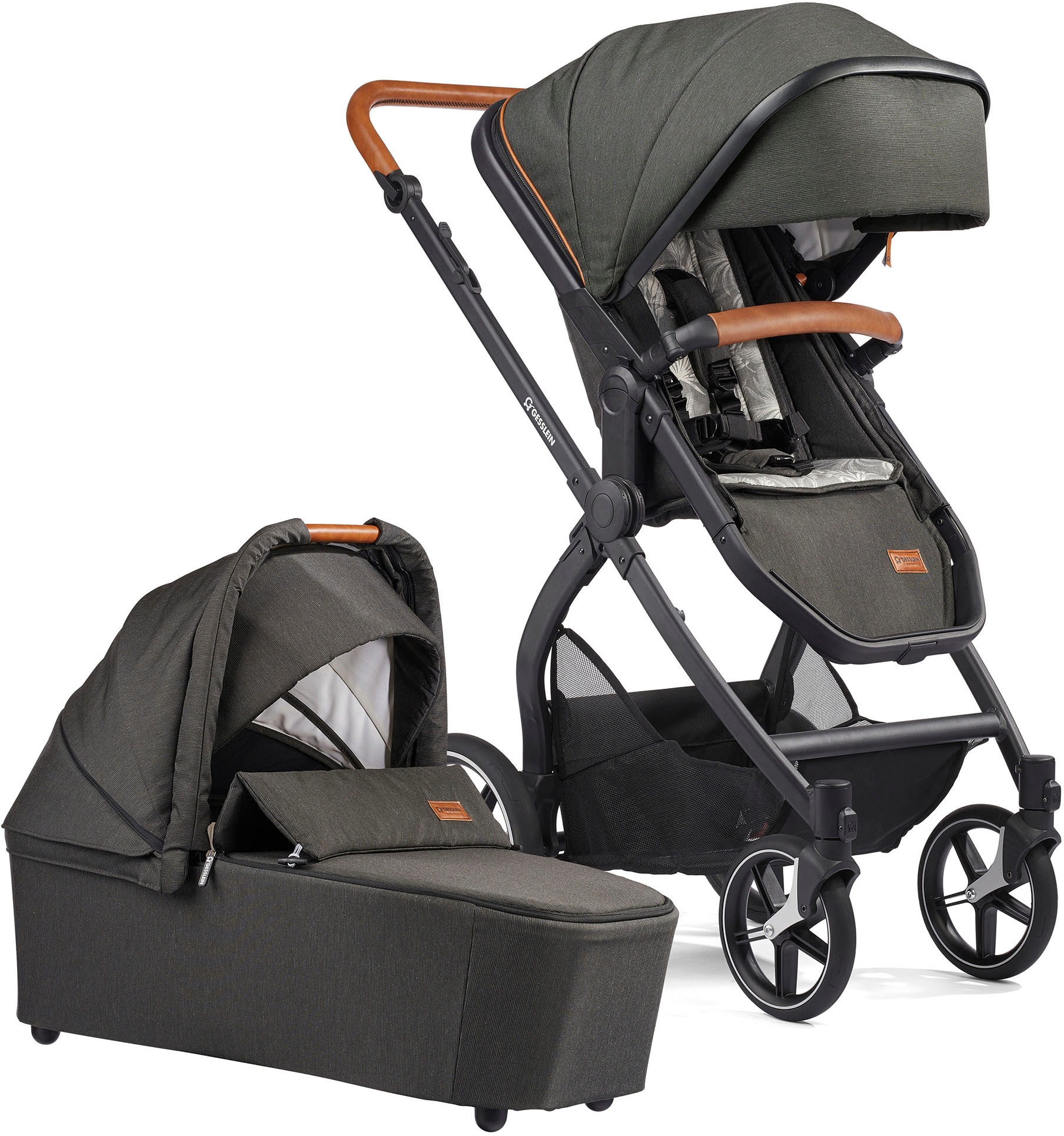 Gesslein Kombi-Kinderwagen »FX4 Soft+ mit Aufsatz Life, schwarz/cognac, dark olive«, mit Babywanne C3 und Babyschalenadapter