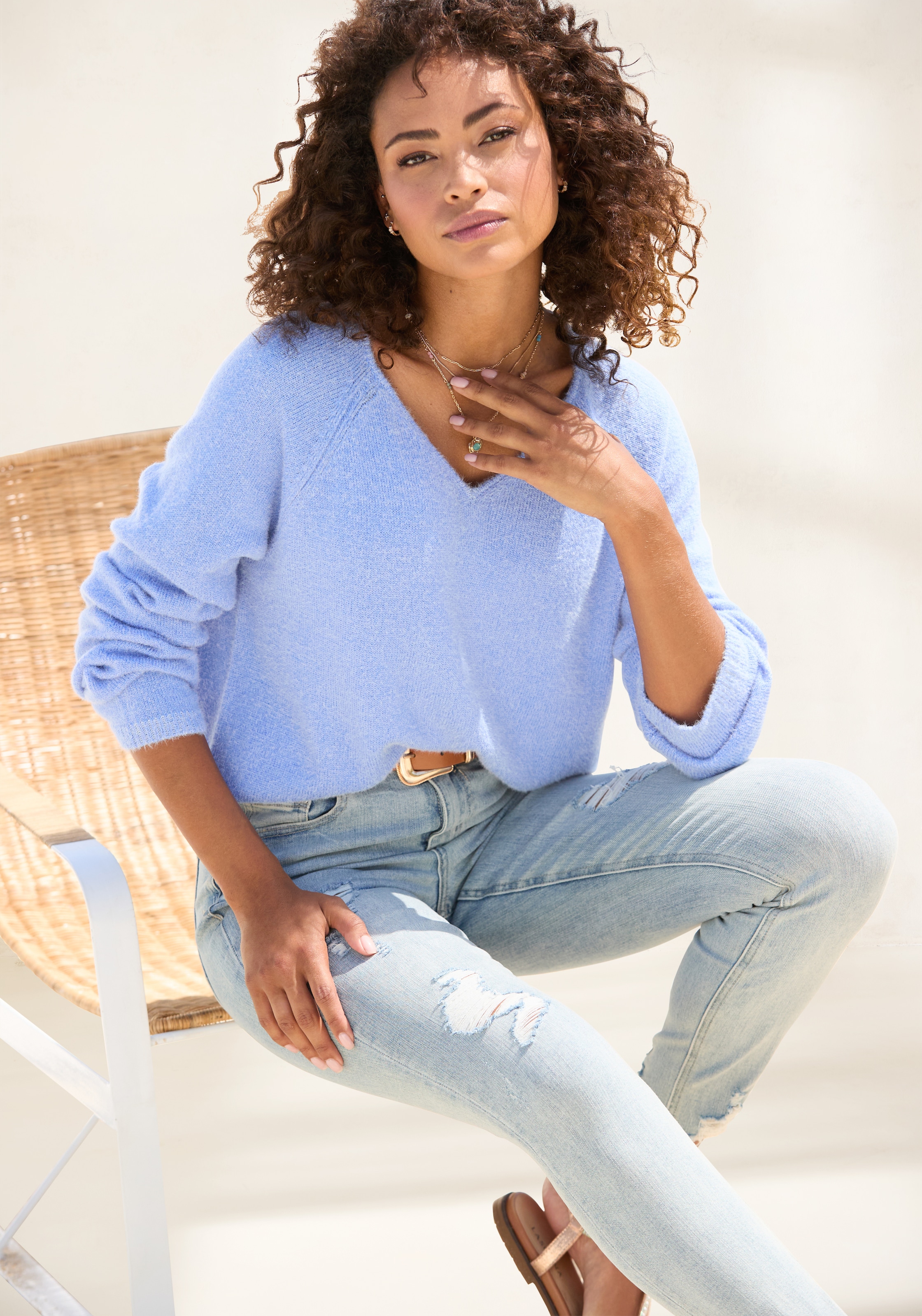 Buffalo V-Ausschnitt-Pullover mit modischer Melange-Optik, weicher Strickpullover, elastisch