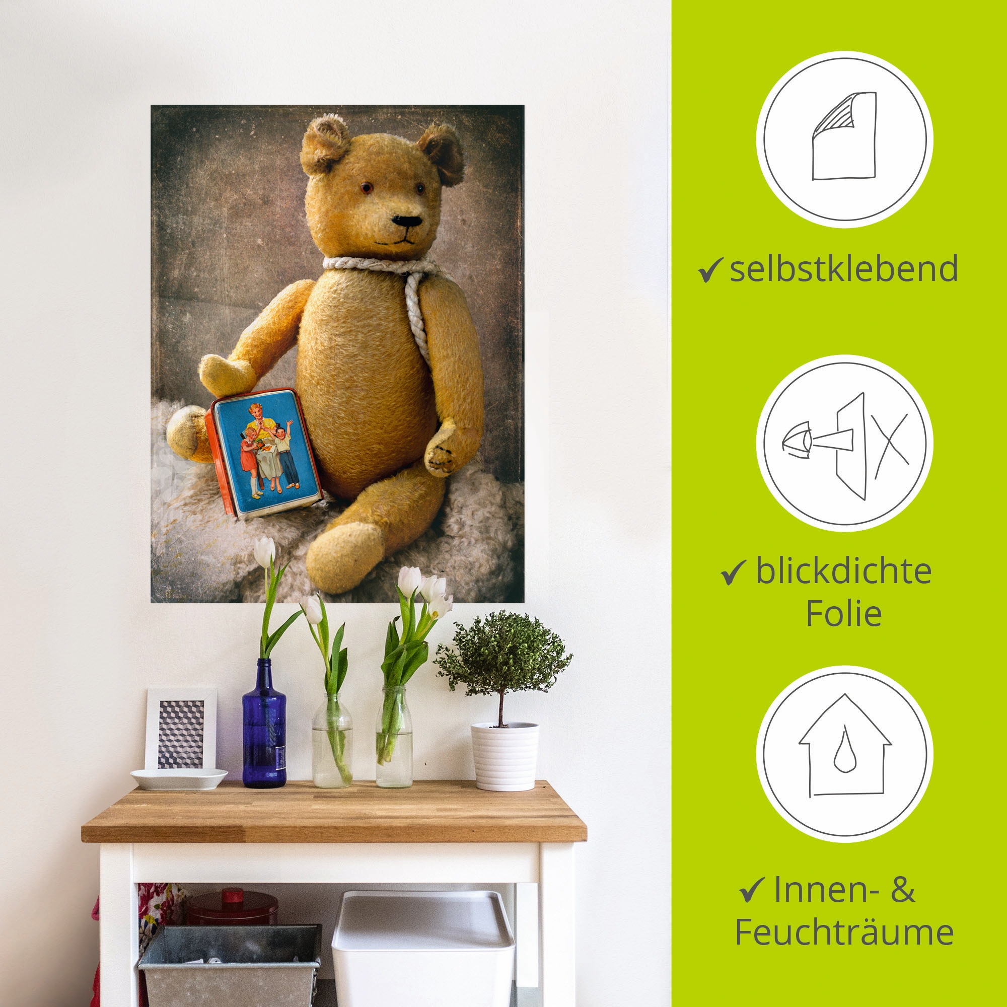 Artland Wandbild »Teddybär mit Sparbüchse«, Spielzeuge, (1 St.), als Leinwandbild, Wandaufkleber in verschied. Größen