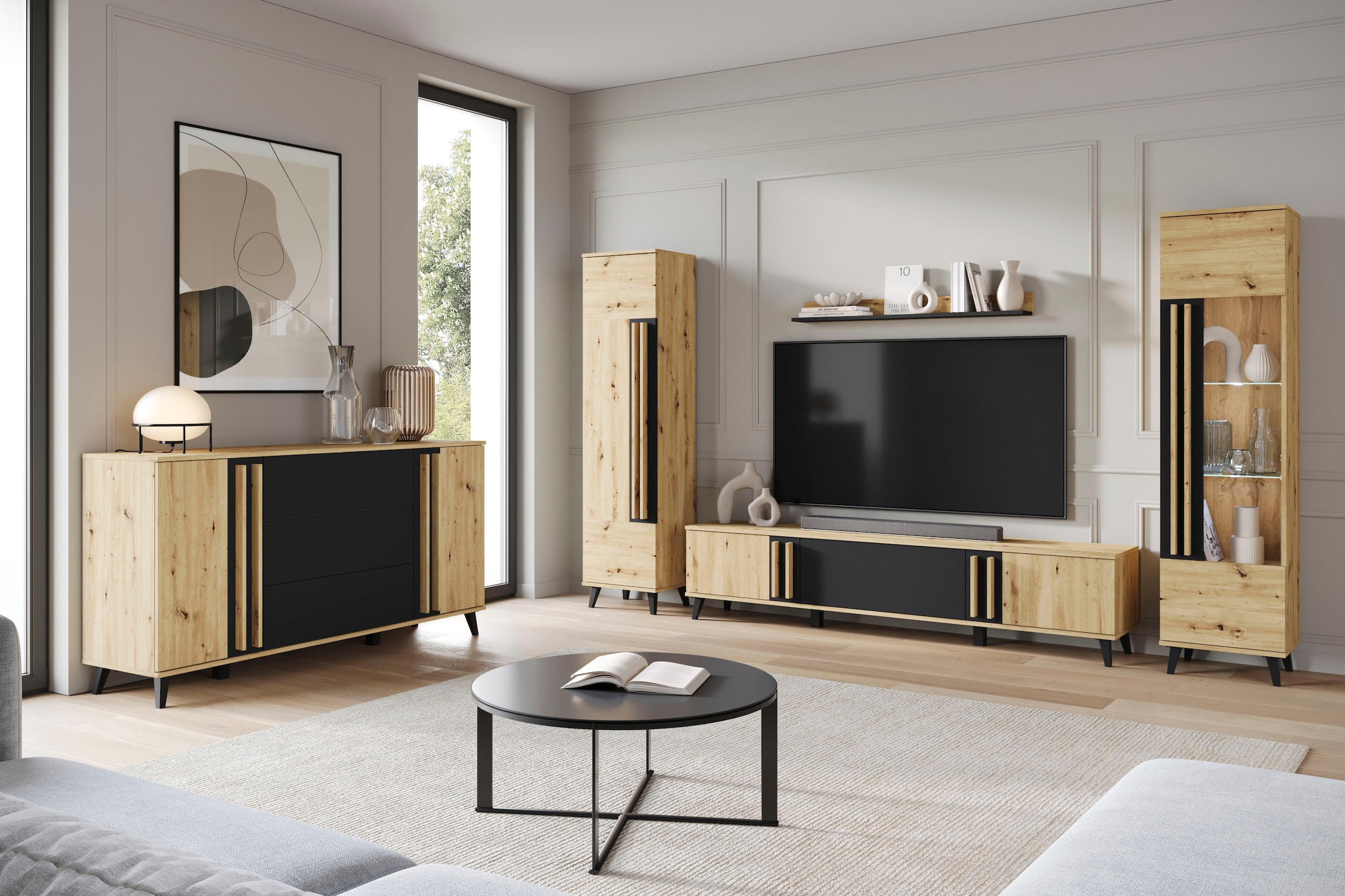 INOSIGN Wohnwand »Helsinki, Modernes Set mit verglaster Vitrine«, (Komplett-Set, 4 St.), mit lamellengriffen, verstellbaren Einlegeböden und Kunststofffüßen