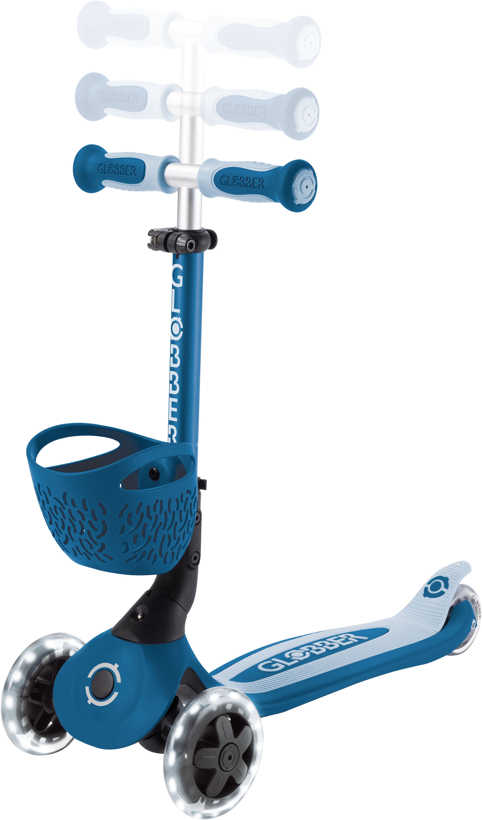 Globber Tretroller »GO-UP BABY 360 LIGHTS, mit Leuchtrollen und Leuchtmodul« Aufsitzrad, Laufrad und Scooter in Einem