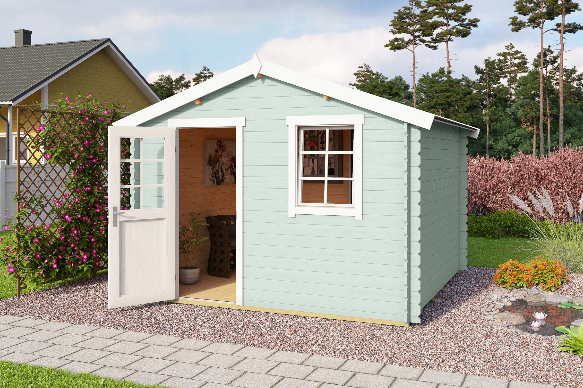 LASITA MAJA Gartenhaus »Wels 3«, Blochbohlenhaus 28mm, Fundamentmass 3000x3000, Gletschergrün