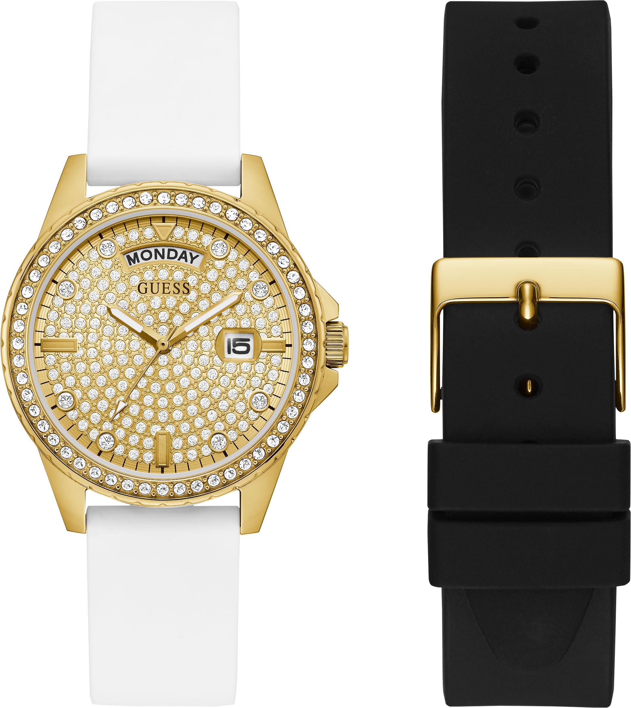 Guess Quarzuhr »LADY COMET,GW0345L1«, (2 tlg., mit einem schwarzem Wechselband)