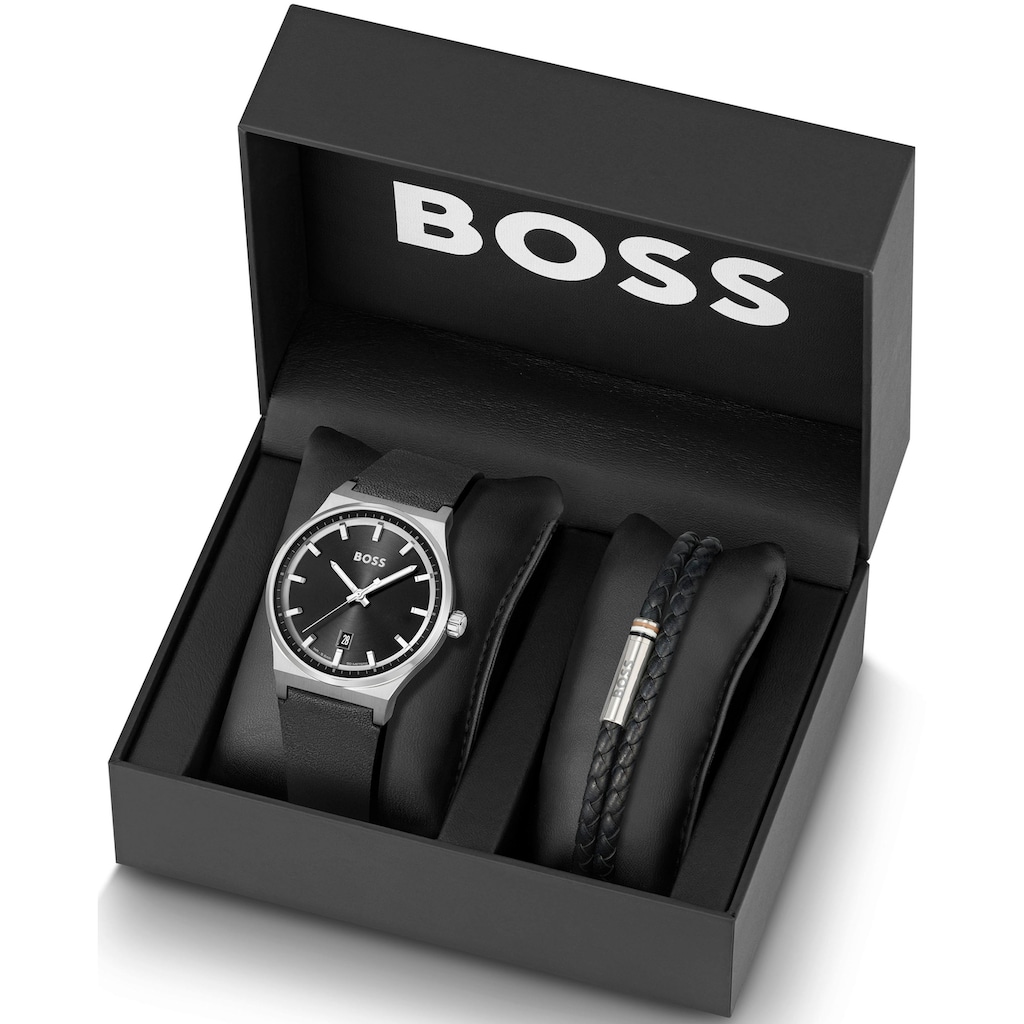 BOSS Quarzuhr »1570158«, (Set, 2 tlg., mit Lederarmband)