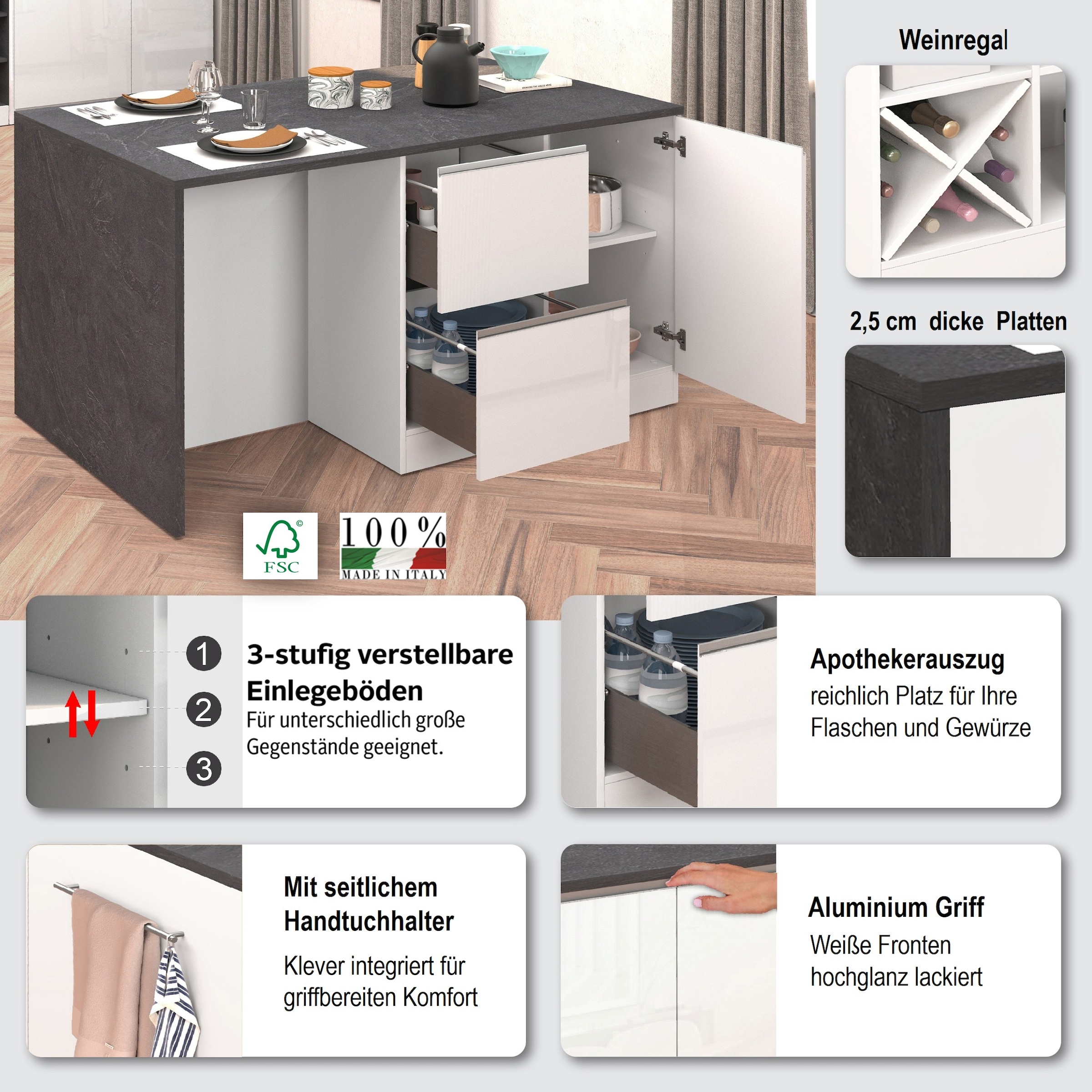 KOCHSTATION Kücheninsel »KS-Sole, Kochinsel, Küchenarbeitsblock, Inselküche, Arbeitsinsel«, Breite 152,5 cm, mit Essplatz, Handtuchhalter, Fächer und Weinregal
