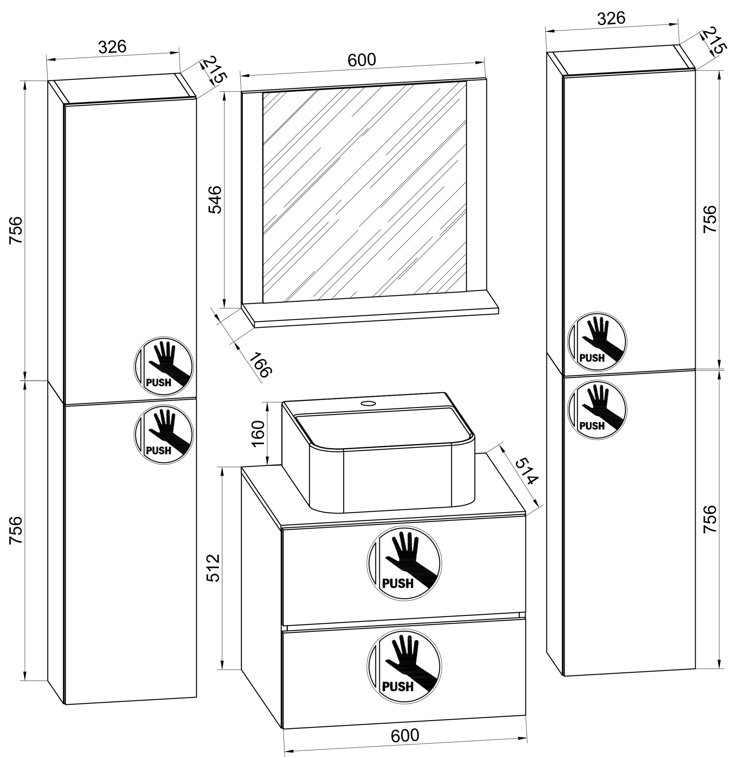 VCM Waschbeckenunterschrank »VCM 5-tlg. Waschplatz Waschtisch Badmöbel Set Waschbecken Lendas BL Breite 60 cm XL Schublade«, (5 St.)