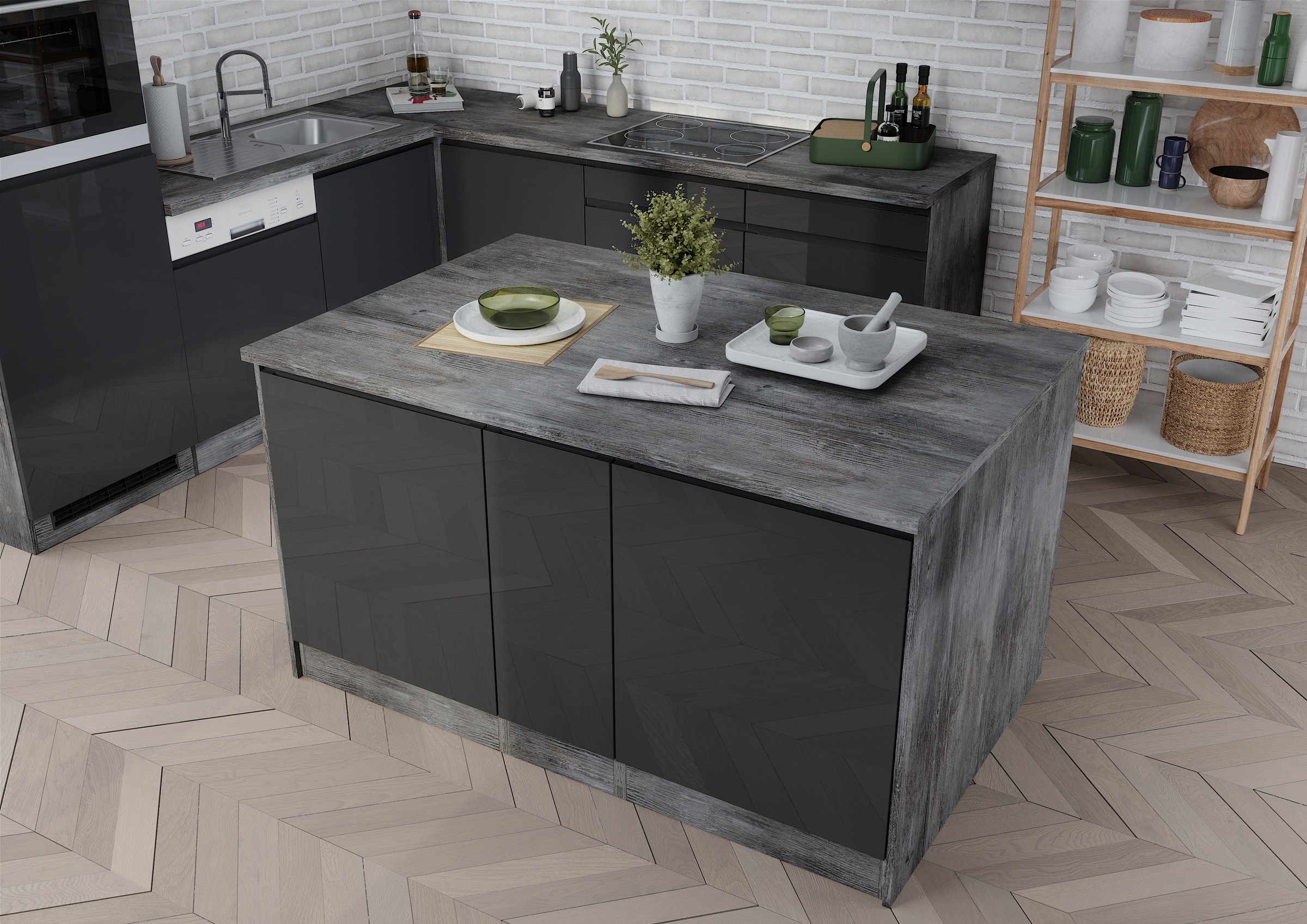 KOCHSTATION Kücheninsel »KS-Virginia«, Breite 153 cm, MDF-Fronten, Flaschenregal