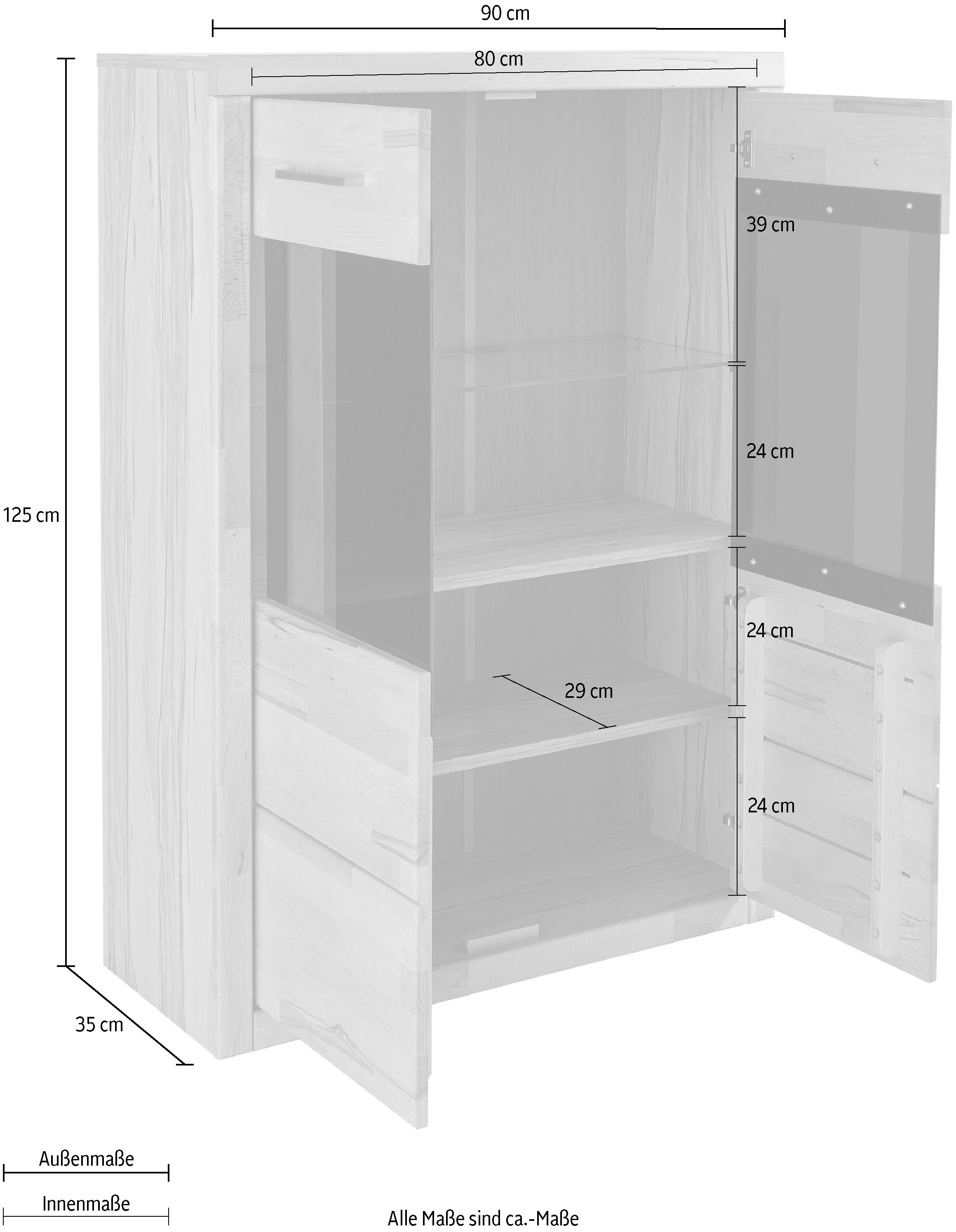 Home affaire Stauraumvitrine »Ribe,90cm breit,125cm hoch, Fronten Massivholz,4 breite Fächer«, Korpus Holzwerkstoff,2Türen mit Glaseinsatz, Böden versetzbar
