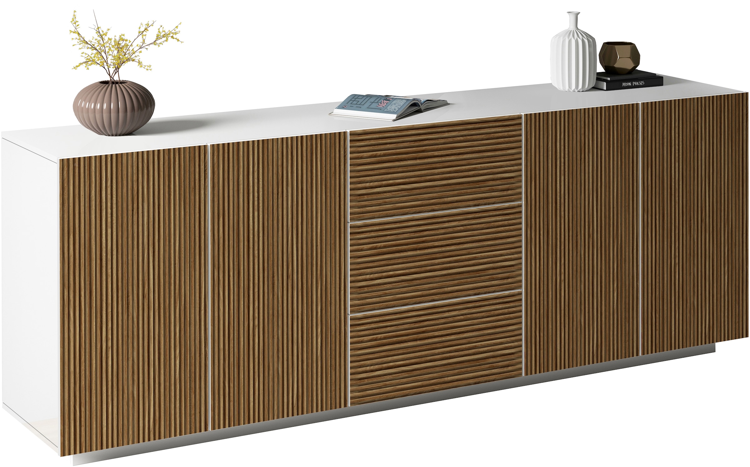 INOSIGN Sideboard »Vega Sideboard,Kommode,220 cm« mit 4 Türen und 3 Schubladen,Fronten mit Rillen-Optik