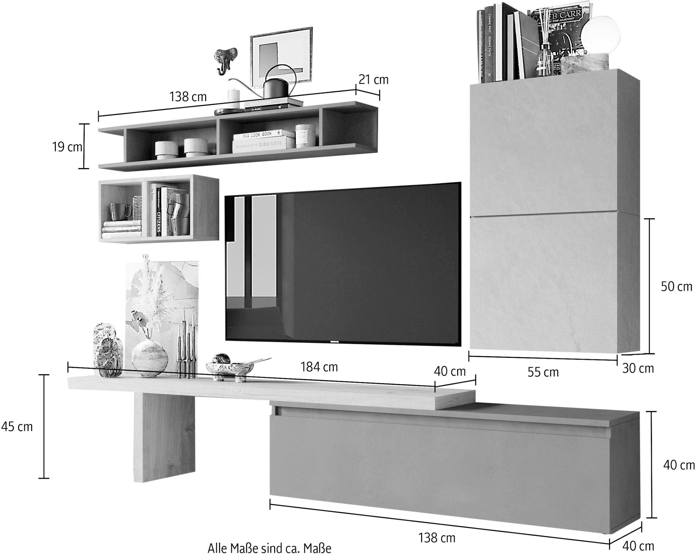 INOSIGN Wohnwand »INFINITY, 6tlg. Breite 276 cm, Höhe variabel, Schrankwand, Anbauwand«, (6 St.), (Lowboard, T-Boden, 2x Hängewürfel, Würfelregal Set, Wandregal)