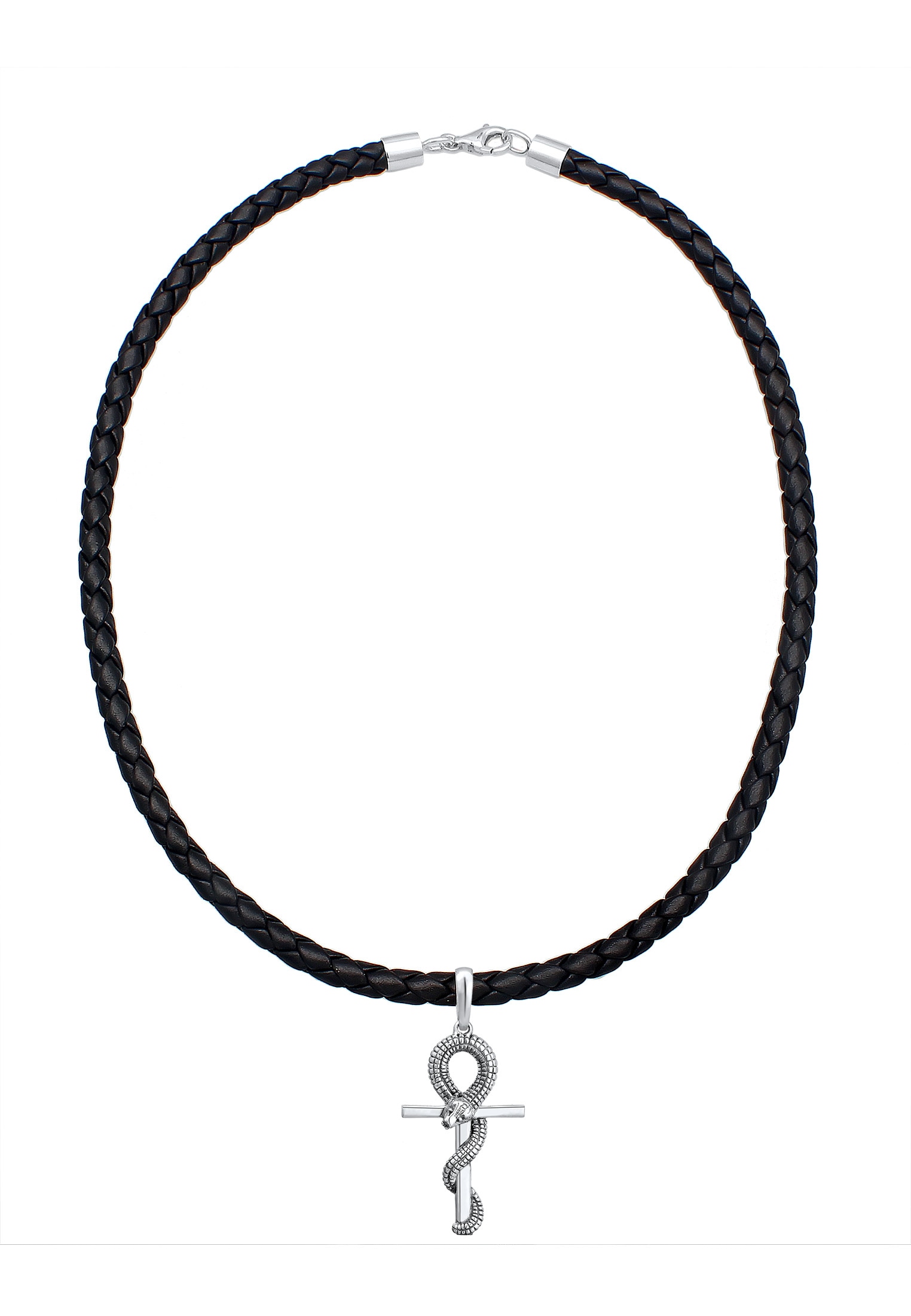 Kuzzoi Kette mit Anhänger »Halskette Herren Kreuz Schlange Leder Oxidiert 925 Silber«