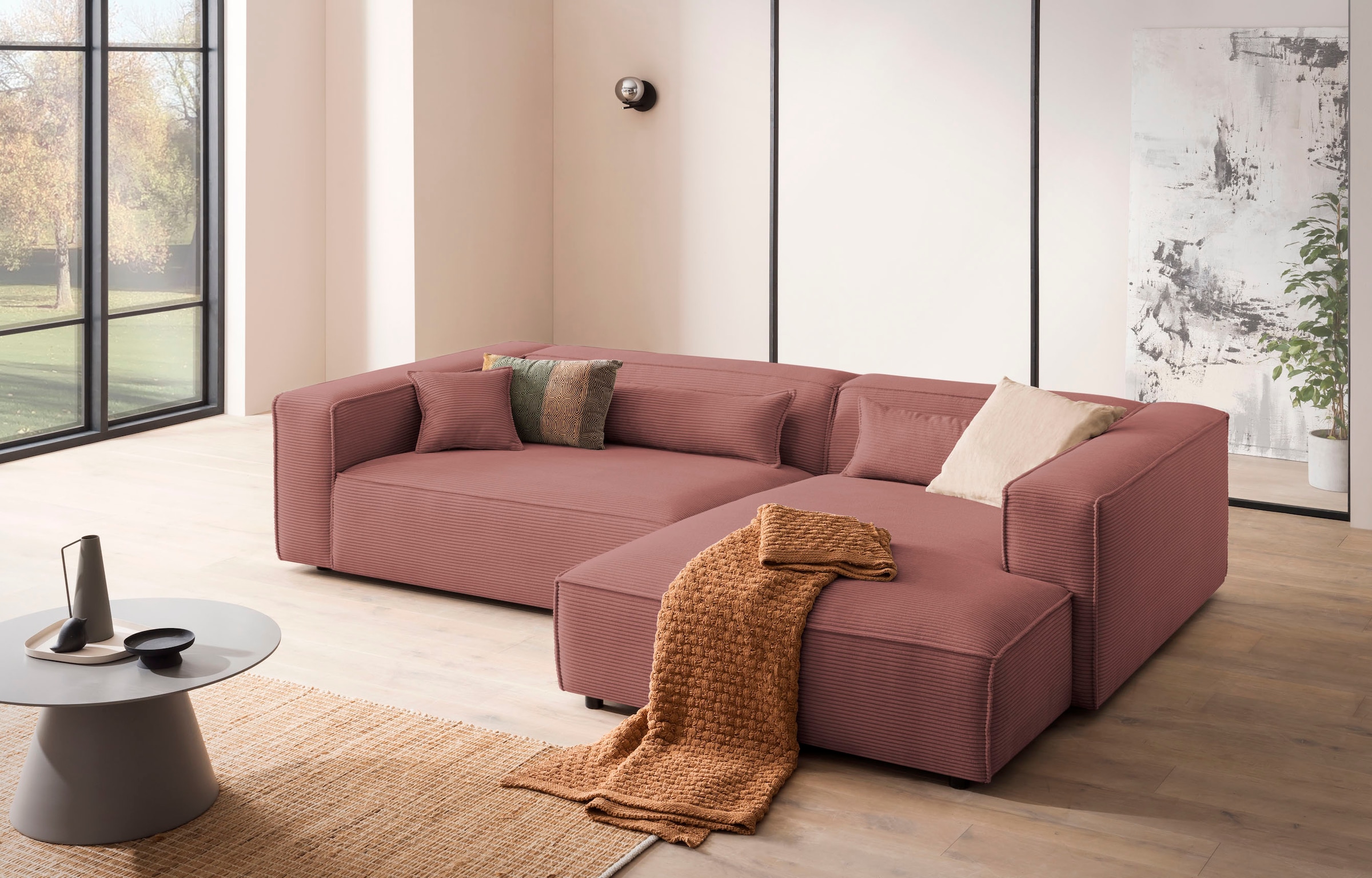 LeGer Home by Lena Gercke Ecksofa »PIARA XXL, Big-Sofa in Cord oder Leinenoptik, L-Form, mit Kedernaht«, wahlweise Ottomane rechts/links, schwarze Füße, extra tiefe Sitzfläche