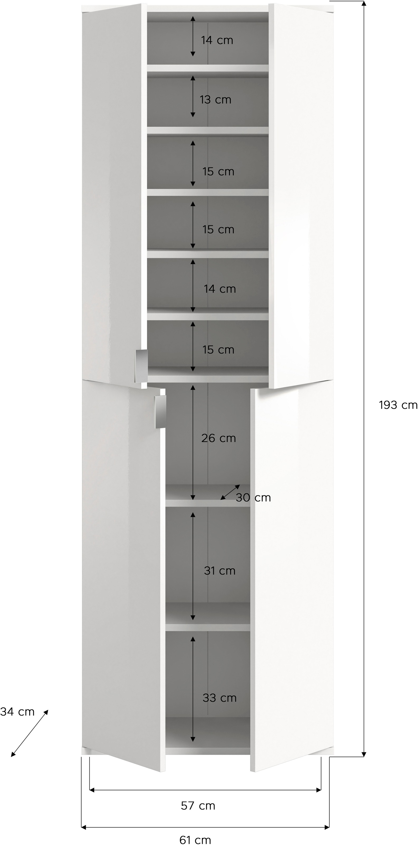 INOSIGN Mehrzweckschrank »Trondheim, Höhe 193 cm, 4 Türen, 9 Fächer, 7 Einlegeböden«, inkl. ausziehbarer Kleiderstange, Garderobenschrank, Kleiderschrank