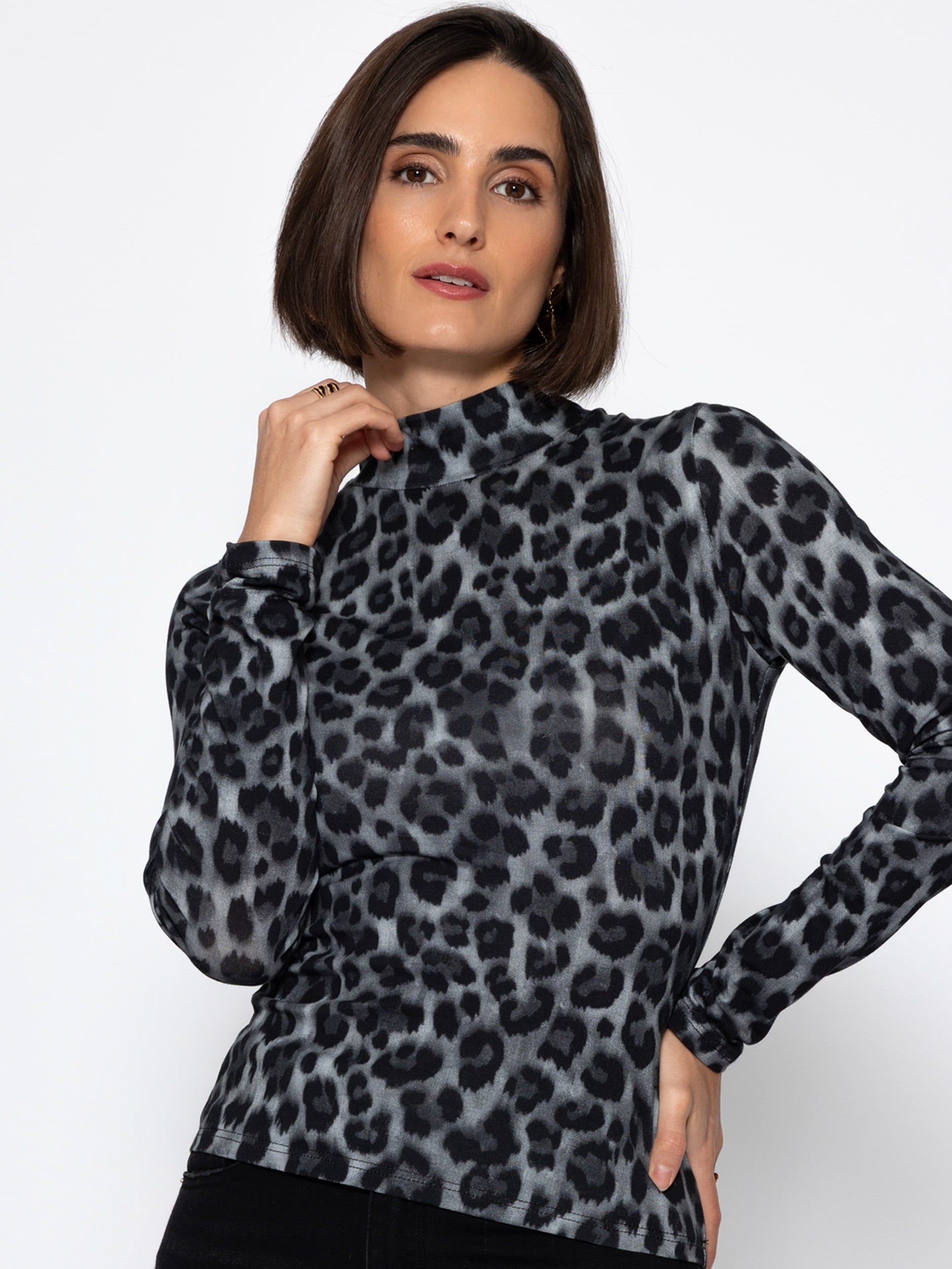 SASSYCLASSY Langarmshirt »Langarmshirt im Leo-Print« Figurbetontes Baumwollshirt mit schmalem Stehkragen Braun Grau