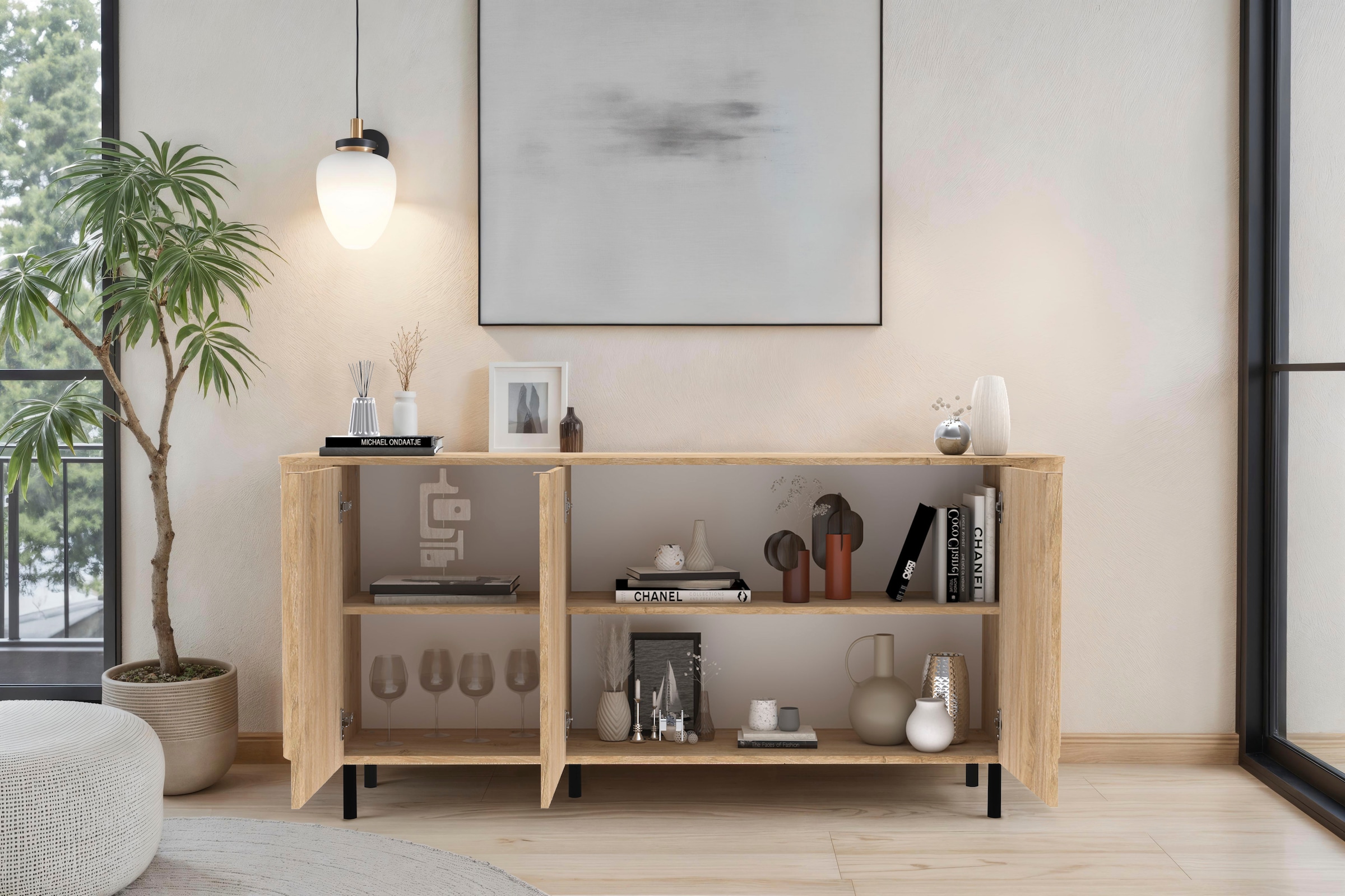 Home affaire Sideboard »Murano, 181 cm breit, 3 Türen, Anrichte, Kommode, Stauraumschrank« Formgebogenes MDF, Stirnseiten mit Rundung, Füße und Griffe aus Metall