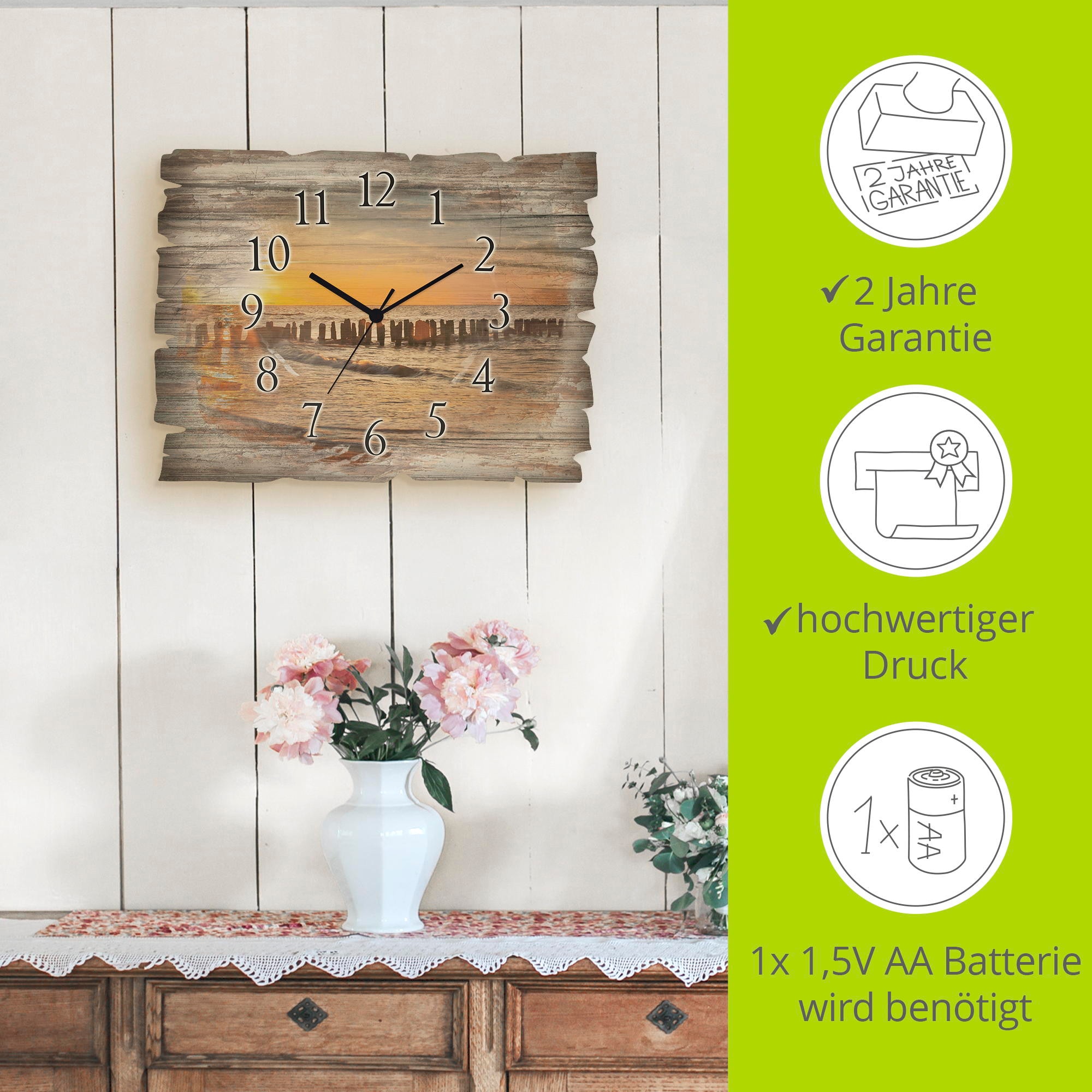 Artland Wanduhr »Schöner Sonnenuntergang am Strand« wahlweise mit Quarz- oder Funkuhrwerk, lautlos ohne Tickgeräusche