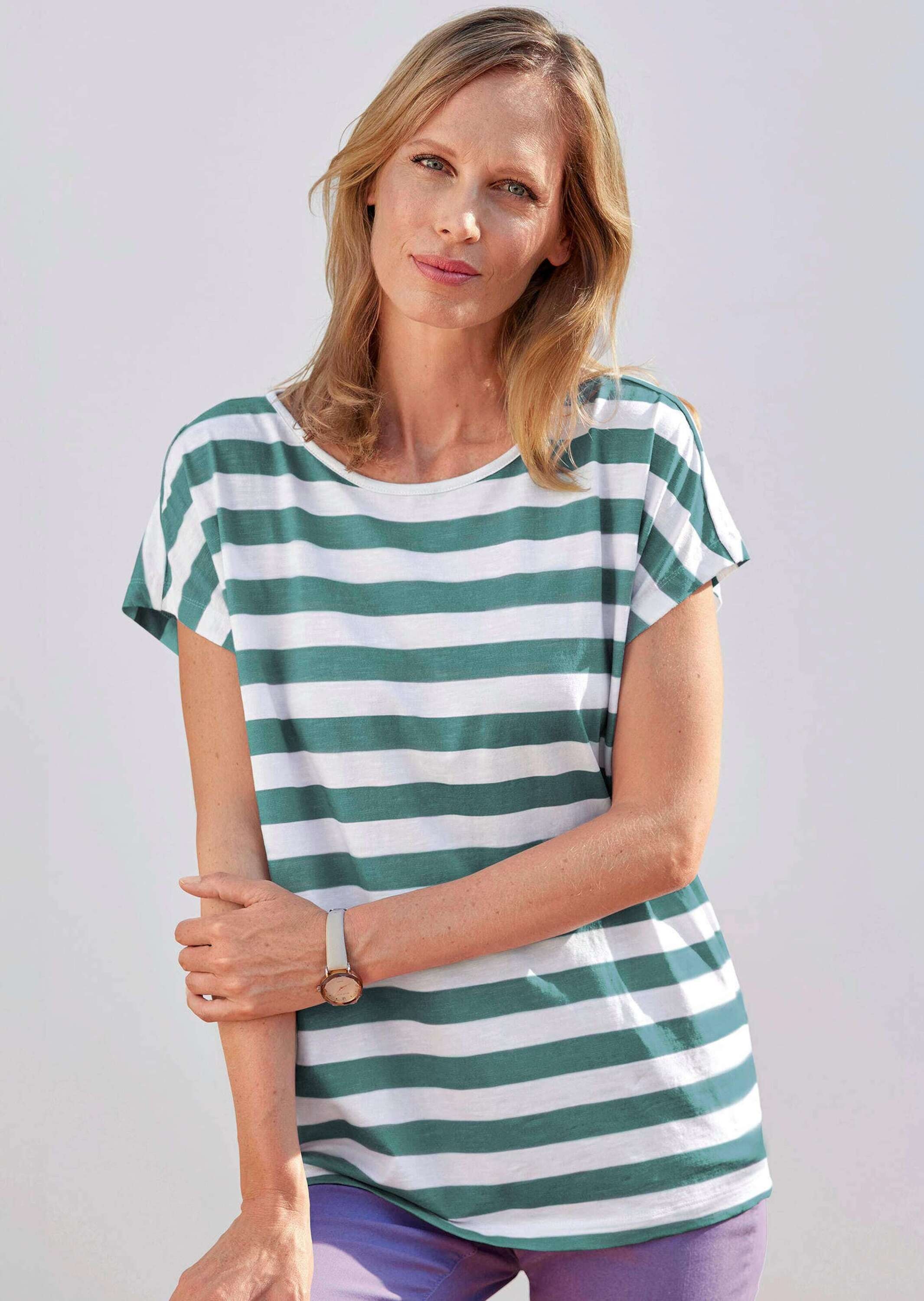 GOLDNER Kurzarmshirt »Kurzgröße Modisches Blockstreifen-Oberteil« Verlängertes Rückenteil