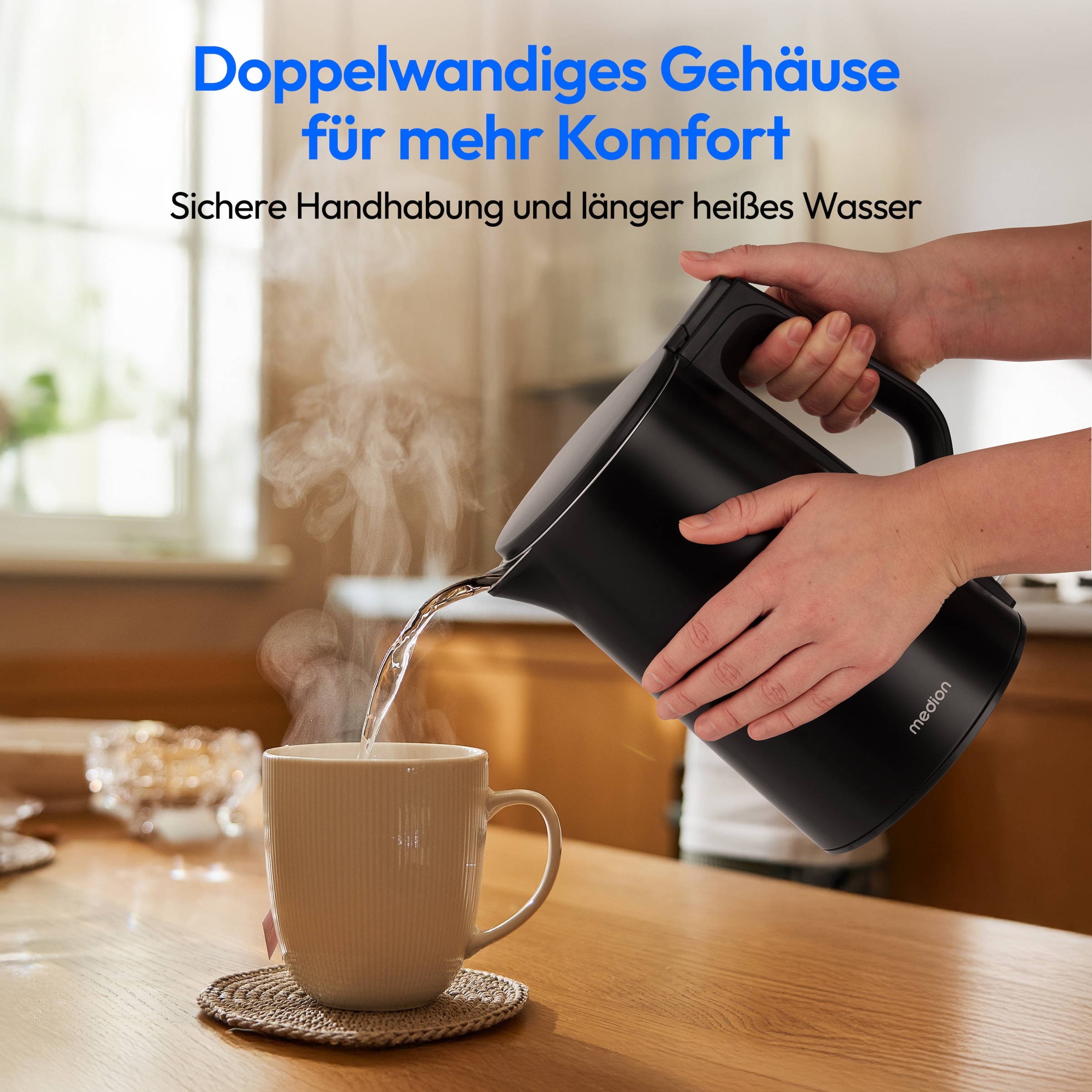 Medion® Wasserkocher »MD12105« 1,5 l 2200 W 2.200 W, 1,5 L, Doppelwandiges Edelstahlgehäuse, 360° basis