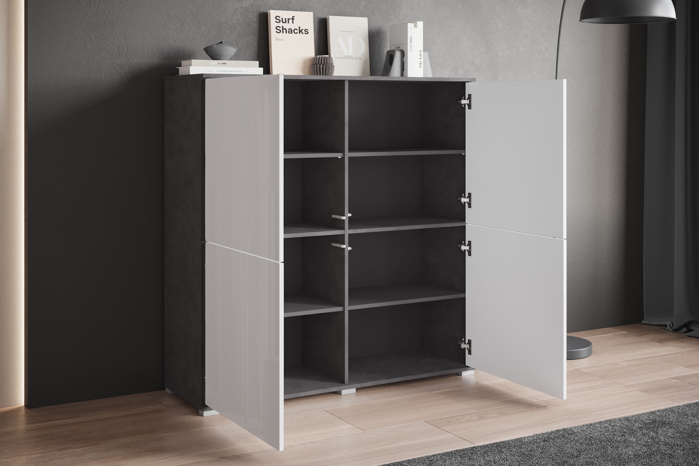 INOSIGN Highboard »Kenia, moderne grifflose Hochkommode mit 4 Türen, Breite 120 cm«, (1 St.), Push-to-Open-Fronten, höhenverstellbaren Einlegeböden