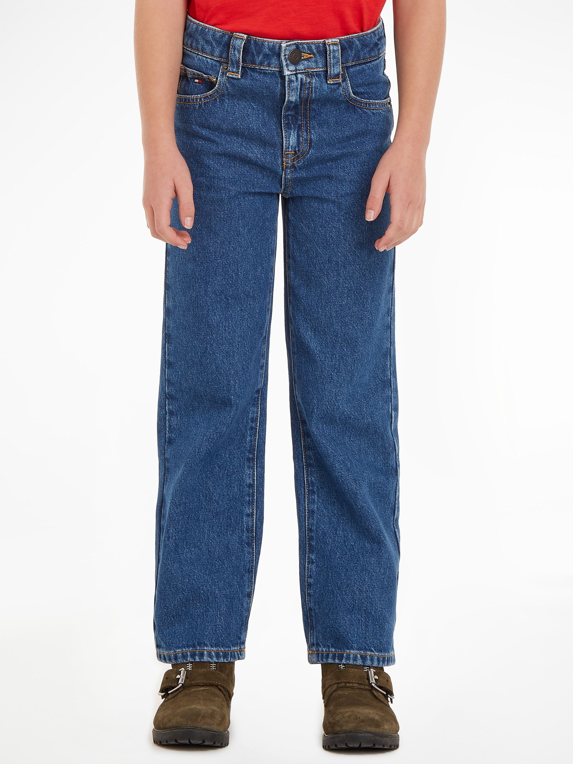 Tommy Hilfiger 5-Pocket-Jeans Junior am hinteren im MID BLUE«, Online Kinder Shop MiniMe,mit Bund Kids Leder-Brandlabel OTTO »GIRLFRIEND