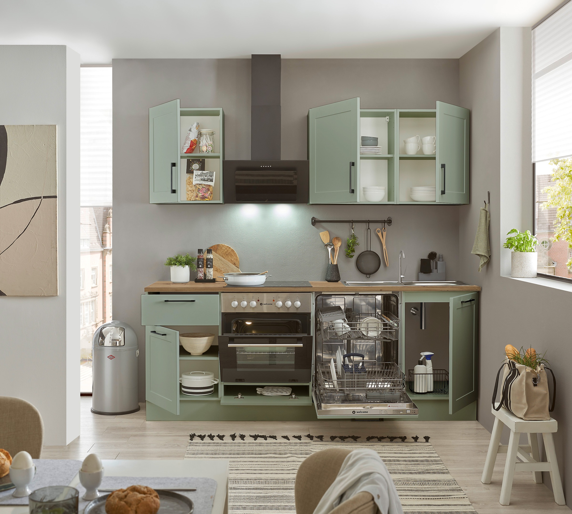 BASIC by Balculina Küchenzeile »Marsi«, Breite 220 cm, wahlweise mit E-Geräten, mit Soft-Close-Funktion