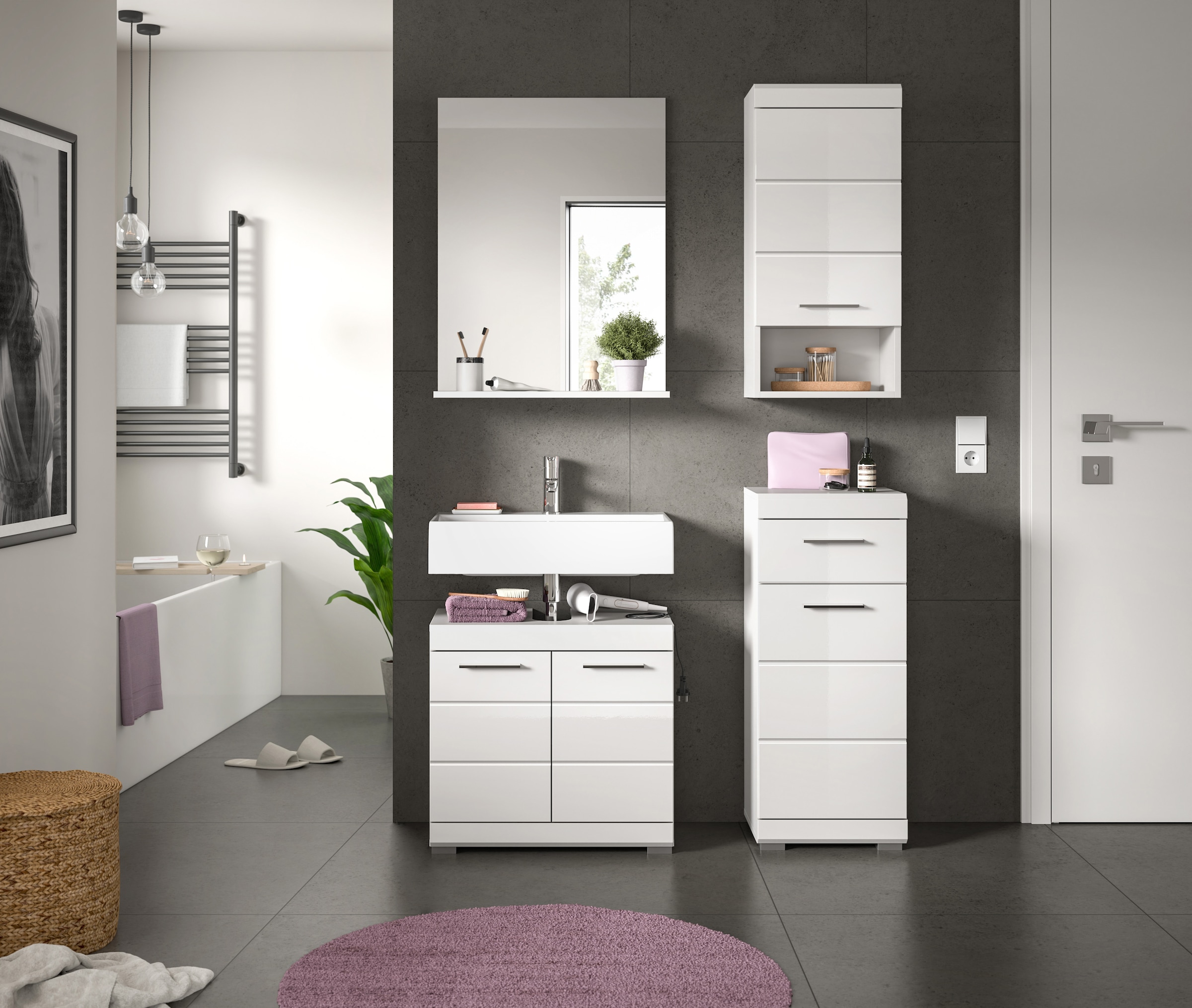INOSIGN Badmöbel-Set »Siena, 4 teilig, bestehend aus:«, (Set), Waschbeckenunterschrank, Spiegel, Unterschrank, Hängeschrank