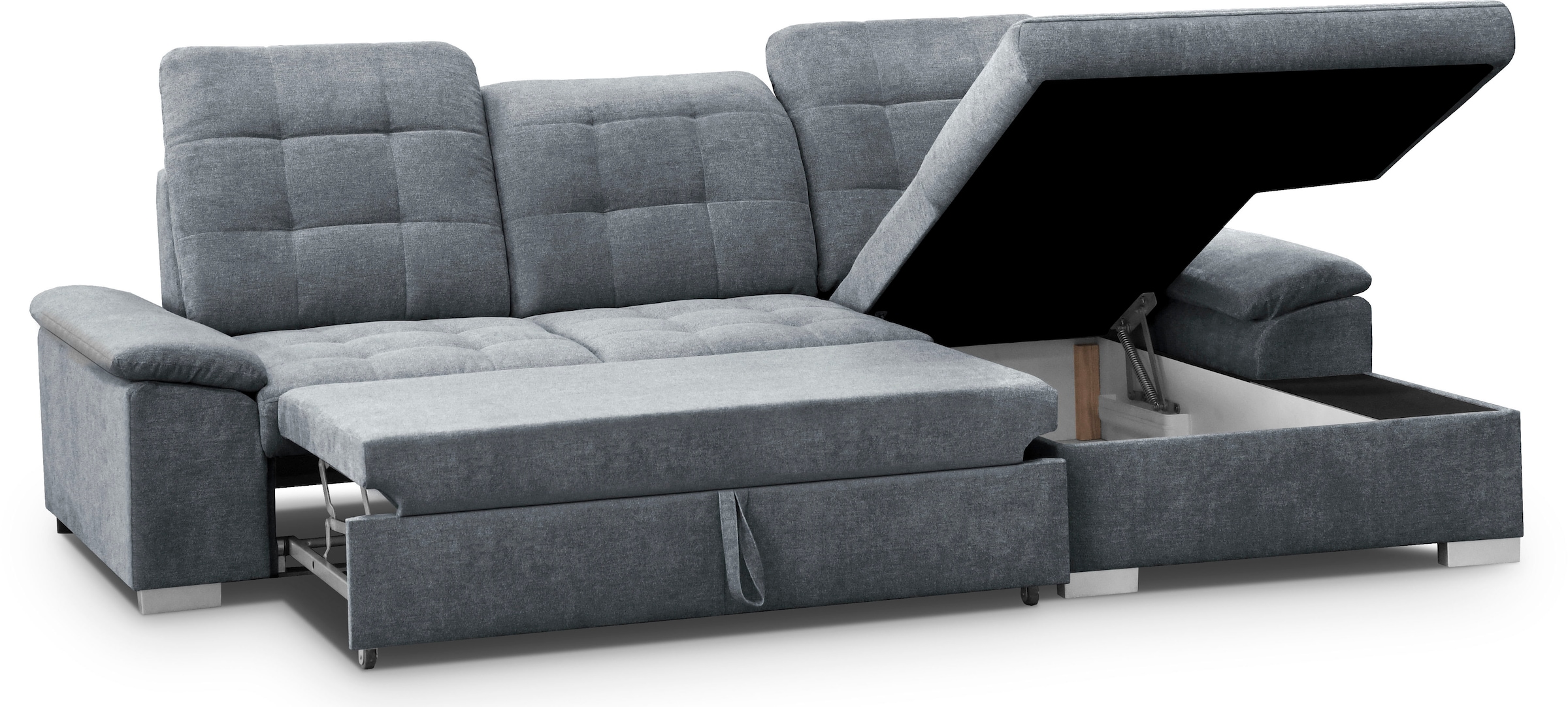 WERK2 Ecksofa »Carmen, mit Bettfunktion & Bettkasten, optional Sitztiefenverstellung« ohne Sitztiefenverstellung, Struktur weich, grau