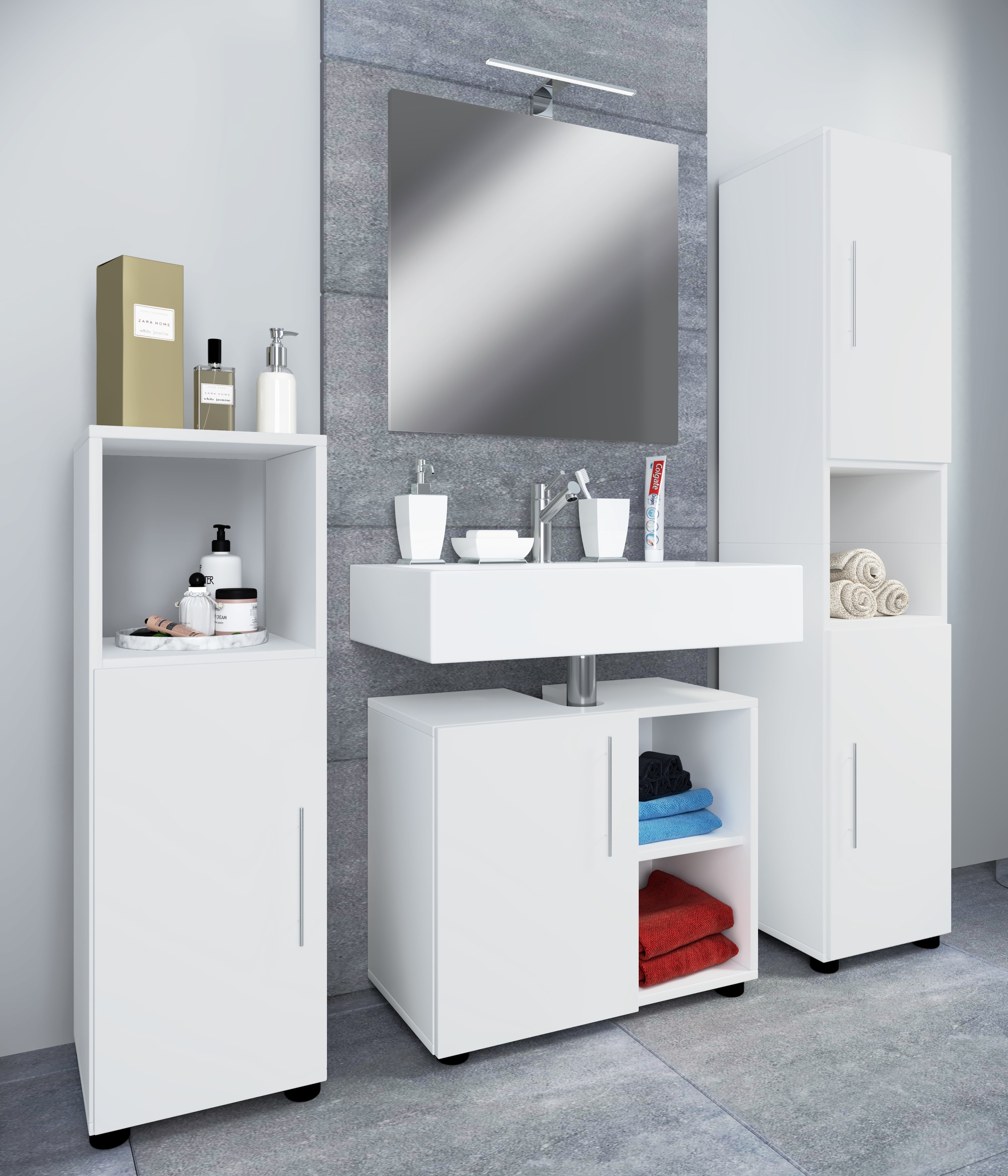 VCM Waschbeckenunterschrank »VCM 4-tlg. Badmöbelset | Badmöbel | Set aus Unterschrank, Midischrank, Hochschrank und Spiegel | Badezimmermöbel ¿ Flandu III«, (4 St.)