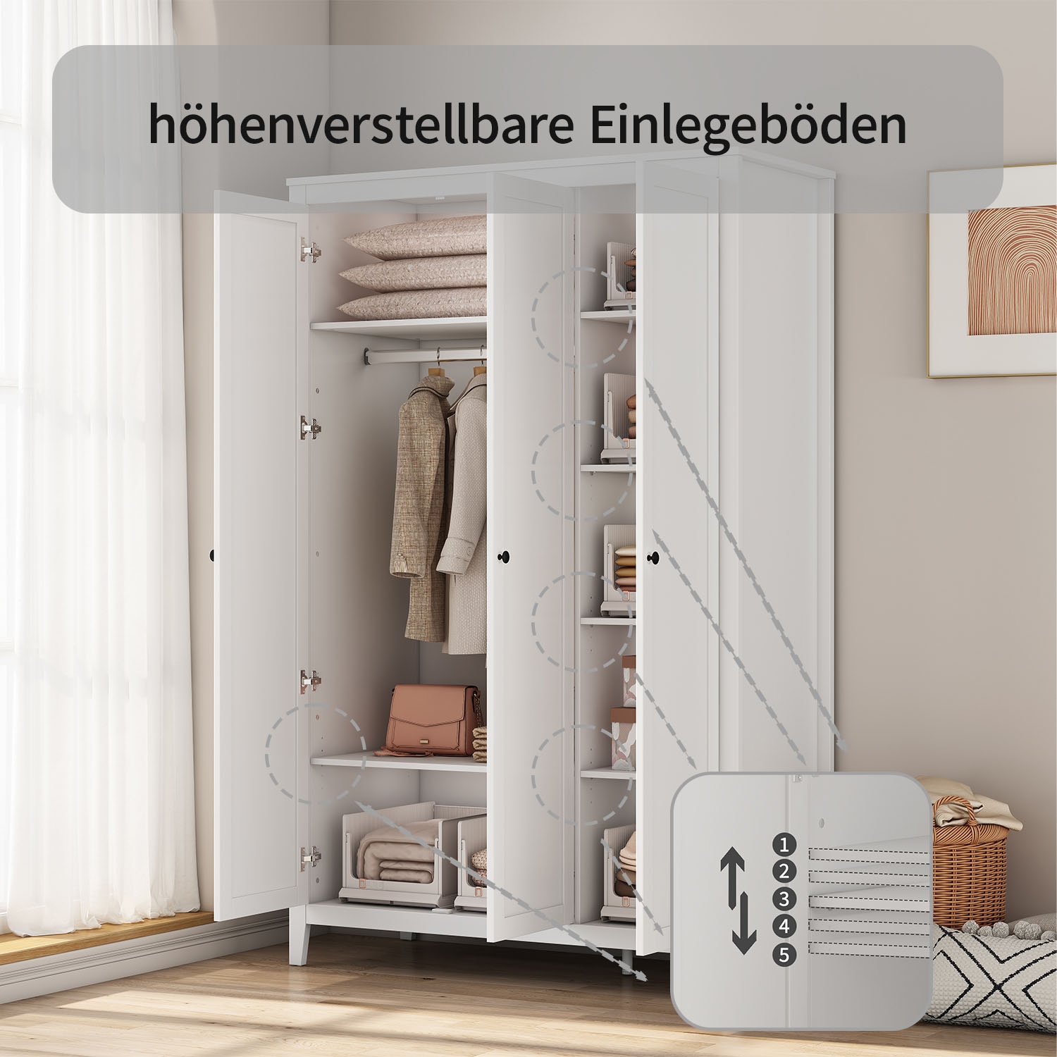 OTTO home Kleiderschrank »Borkum Schlafzimmerschrank Garderobe Landhaus Bestseller weiß« hochwertige schwarze Griffe aus Metall,  Schlafzimmerschrank mit 6 Böden und Kleiderstange, 3 Türen