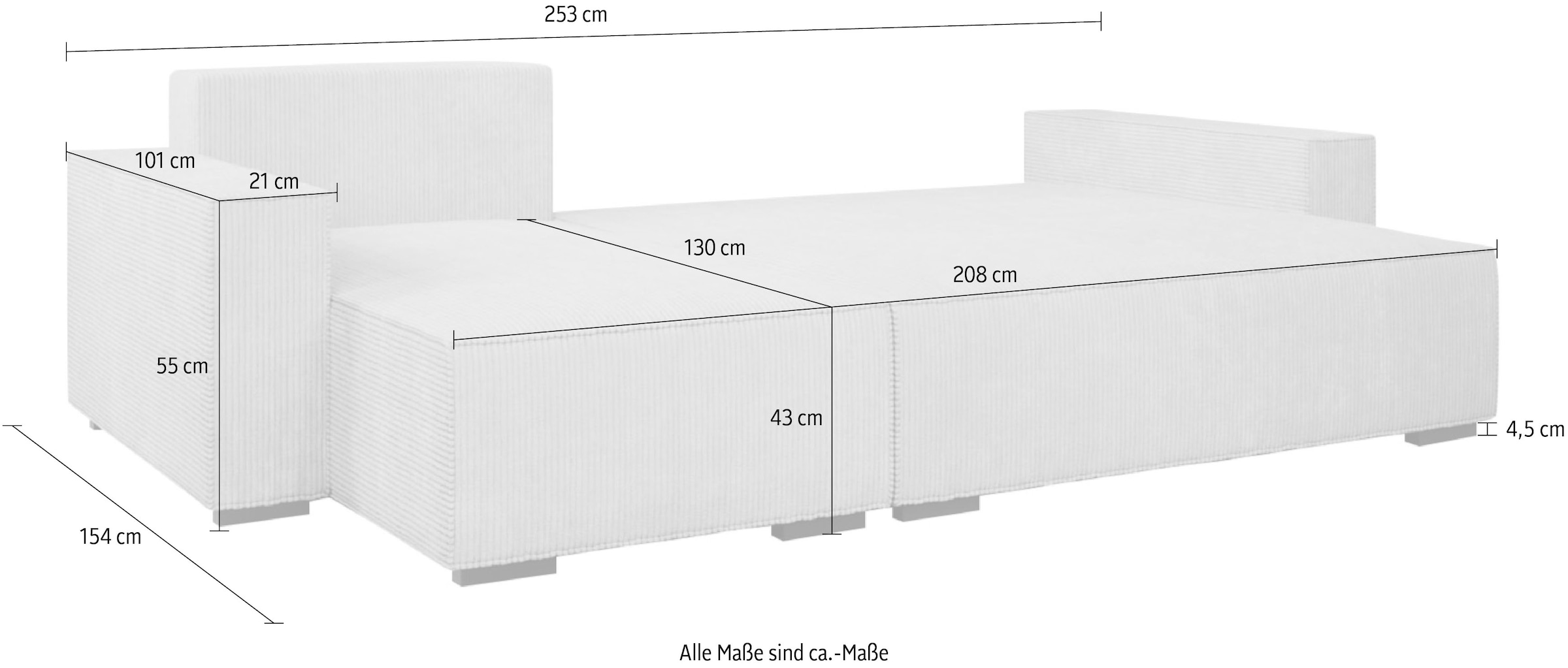 INOSIGN Ecksofa »Wylie«, Cord, Recamiere beidseitig montierbar, mit Bettfunktion und Bettkasten