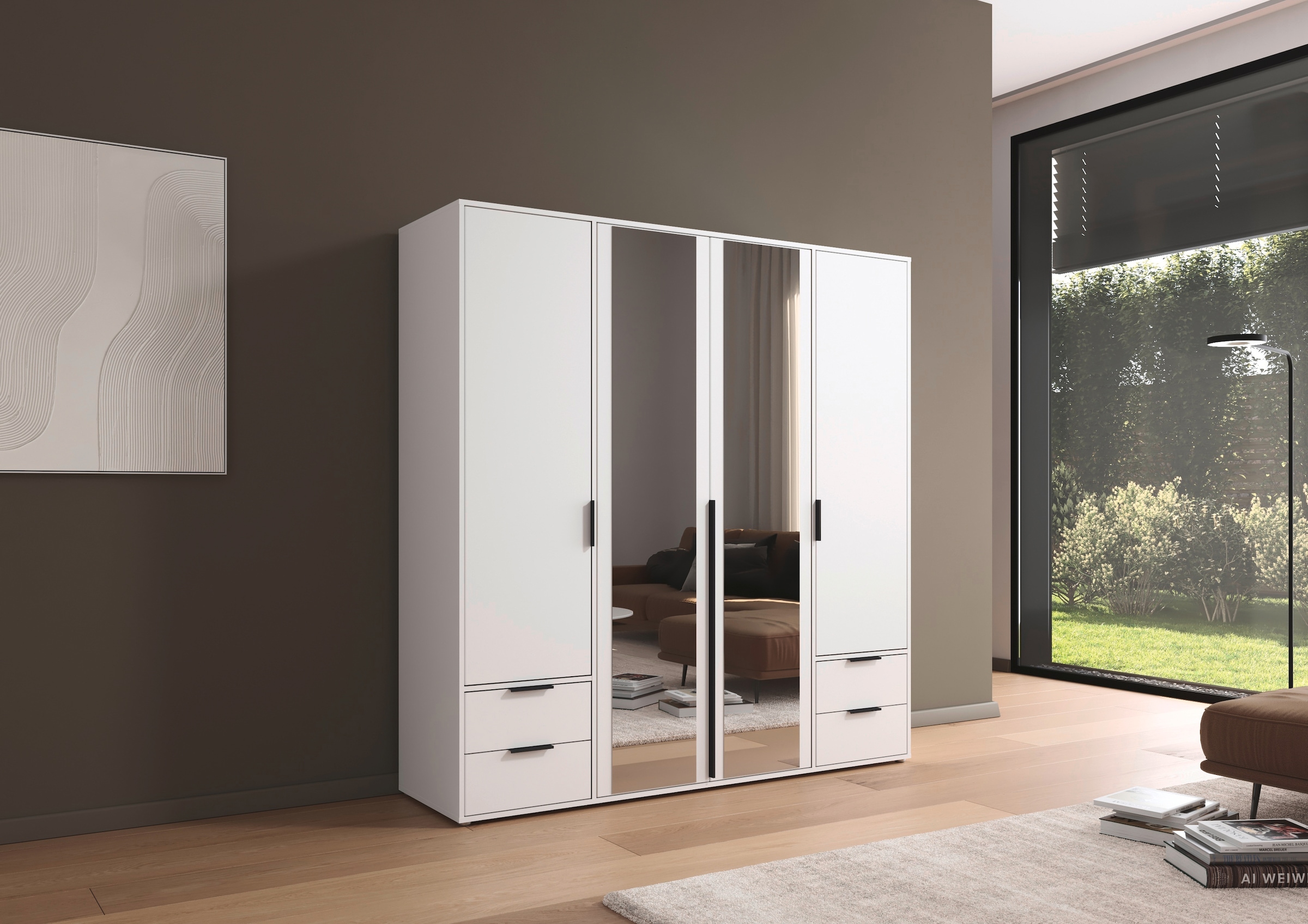 rauch Drehtürenschrank »Kleiderschrank Schrank Garderobe Wäscheschrank NAGATA mit Spiegel«, (in 3 verschiedenen Ausstattungen BASIC/CLASSIC/PREMIUM), und Schubladen sowie Stangengriffen TOPSELLER MADE IN GERMANY