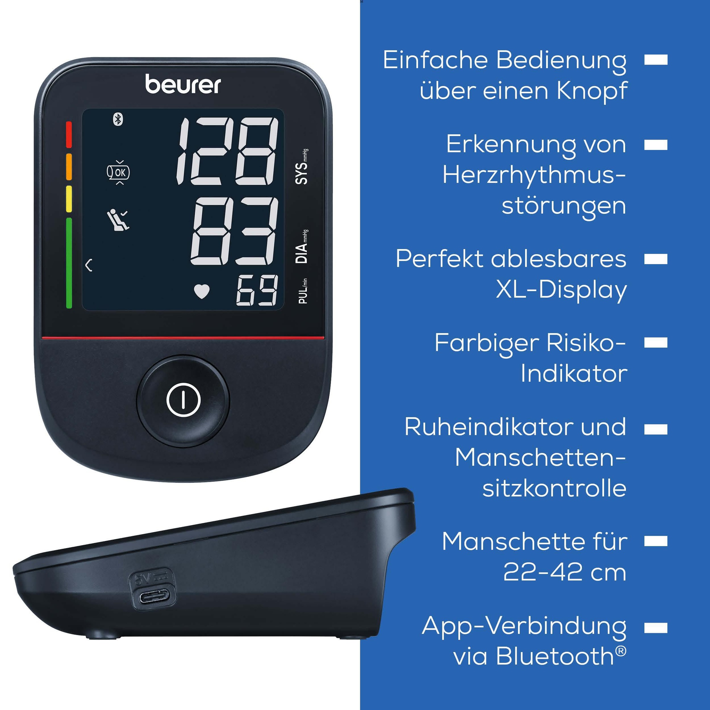 BEURER Oberarm-Blutdruckmessgerät »BM 48 mit Smartphone-Verbindung, Medizinprodukt«, schnelle und komfortable Blutdruckmessung per Knopfdruck