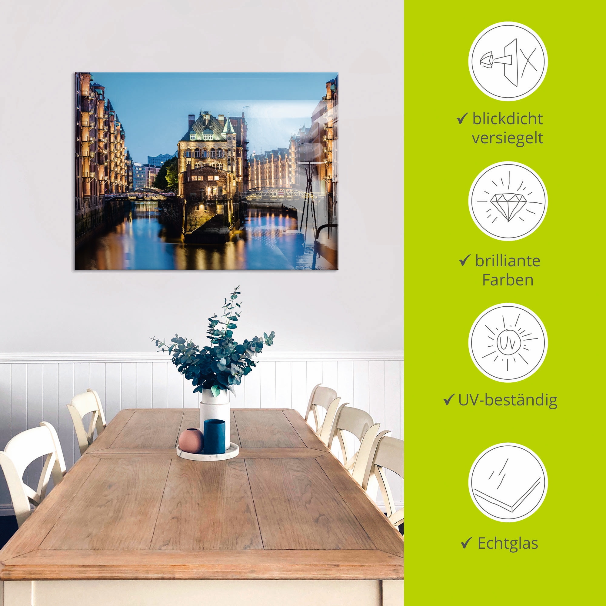 Artland Glasbild »Hamburg Wasserschloss in Speicherstadt 2«, Gebäude, (1 St.), in verschiedenen Größen