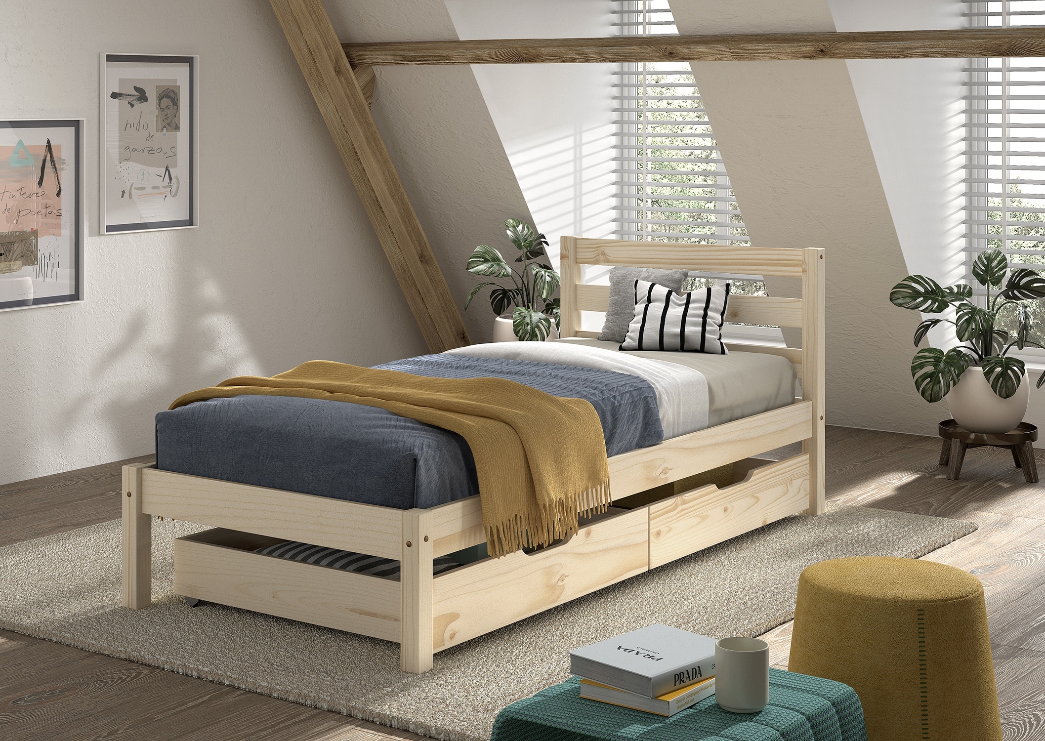 Vipack Massivholzbett »Pino, universell einsetzbar, gradliniges Design, Made in Europe« B/H/Tca. 211x84,4x 97,5cm, Liegefläche 90/200 cm, inkl. 2 Schubladen,  inkl. Rolllattenrost, Kiefer massiv, in Natur oder Weiß lackiert