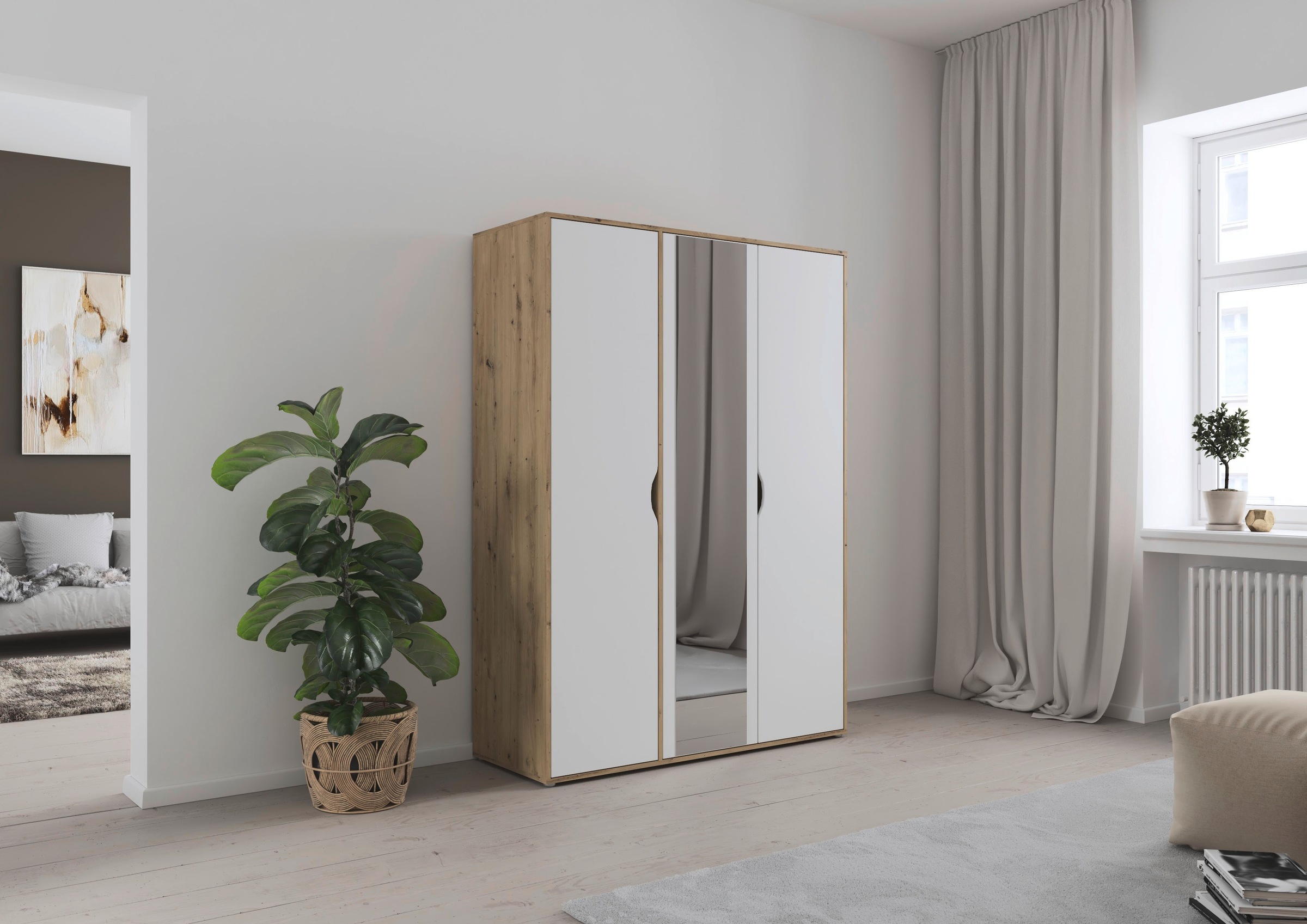 rauch Drehtürenschrank »Kleiderschrank Schrank Garderobe Wäscheschrank NARAI mit Spiegel«, (in 3 verschiedenen Ausstattungen BASIC/CLASSIC/PREMIUM), Griffausfräsungen für eine grifflose Optik TOPSELLER MADE IN GERMANY