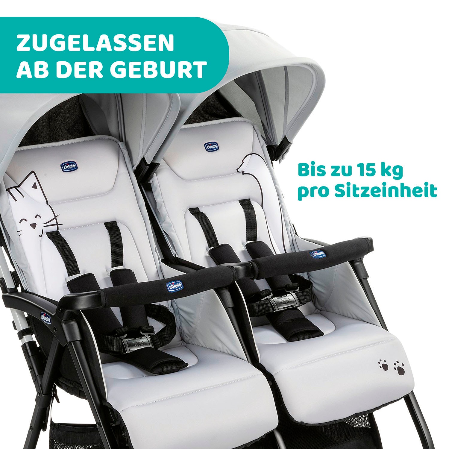 Chicco Zwillingsbuggy »OHlalà Twin, Silver Cat«, 15 kg, Zwillingskinderwagen