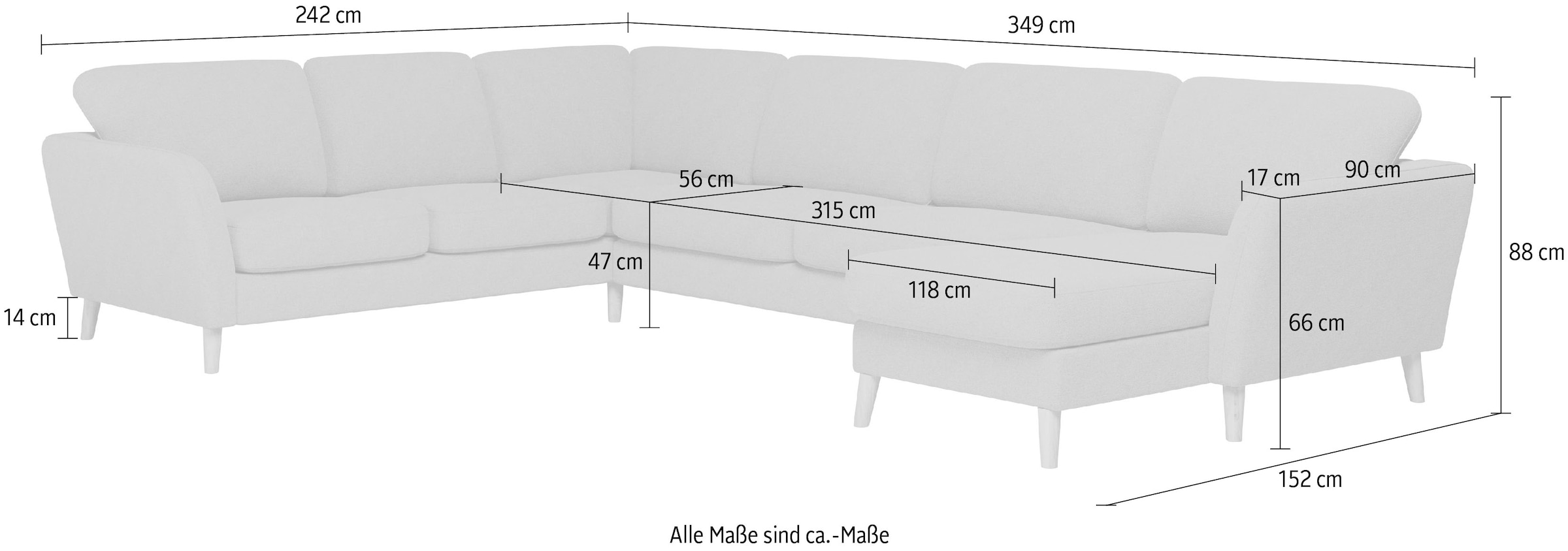 Home affaire Wohnlandschaft »MARSEILLE XXL 349cm, U-Form, Ottomane rechts/links wählbar«, Massivholzbeine Eiche, Landhausstil, Wellenunterfederung