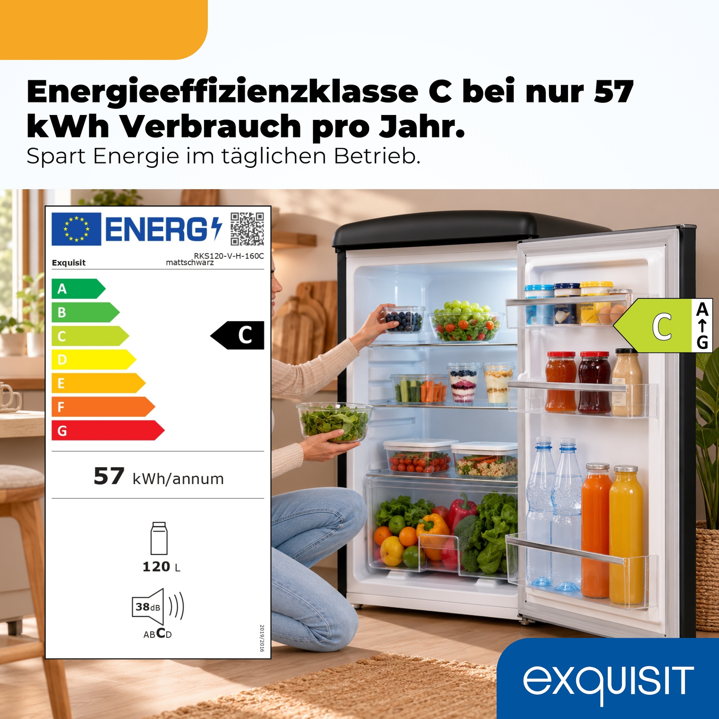 exquisit »RKS120-V-H-160C mattschwarz« 89,5 cm hoch 54,5 cm breit LED-Beleuchtung, verstellbare Glasböden, Retro-Design