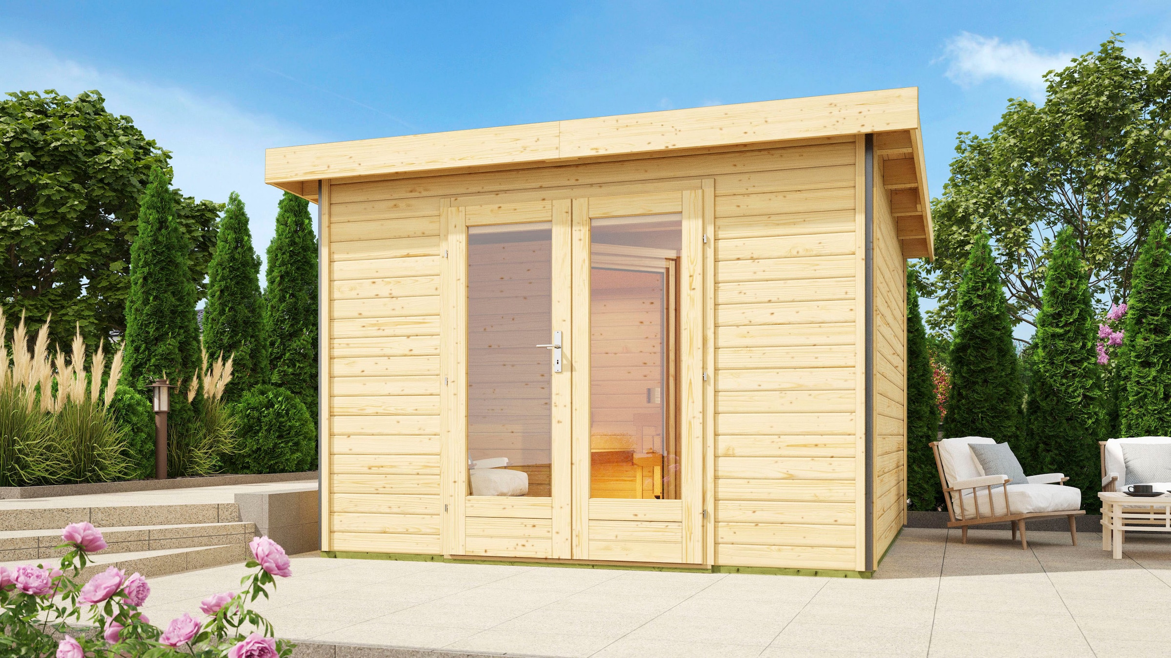 KONIFERA Saunahaus »Maiko 1 SET B«, naturbelassen, mit Ofen 9 kW Bio ext. Steuerung