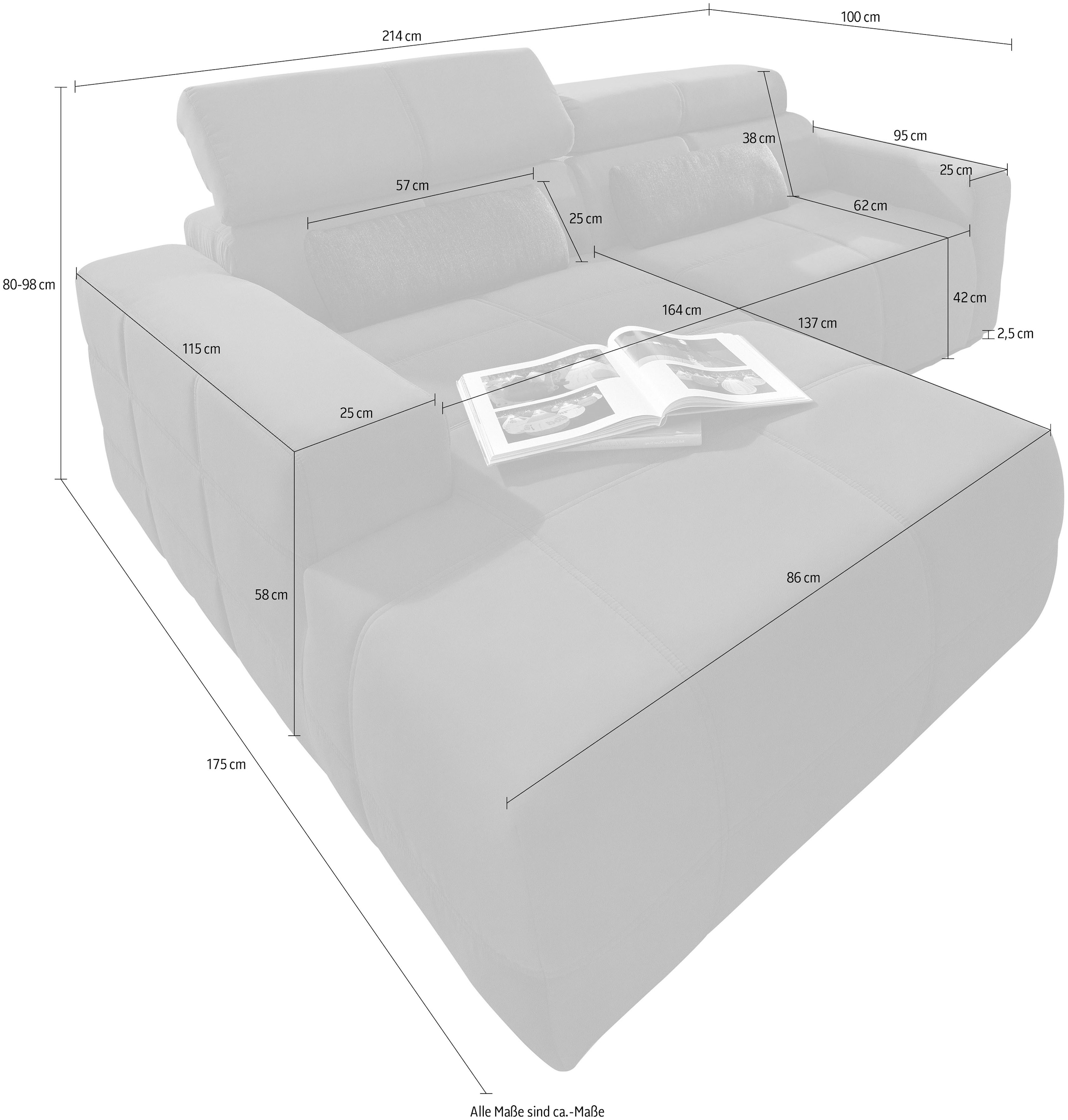 DOMO collection Ecksofa »Brandon kleine Ausführung B/T/H: 214/100/80 cm«, Mit Kopfteilverstellung, auch in Leder und Cord, L-Form