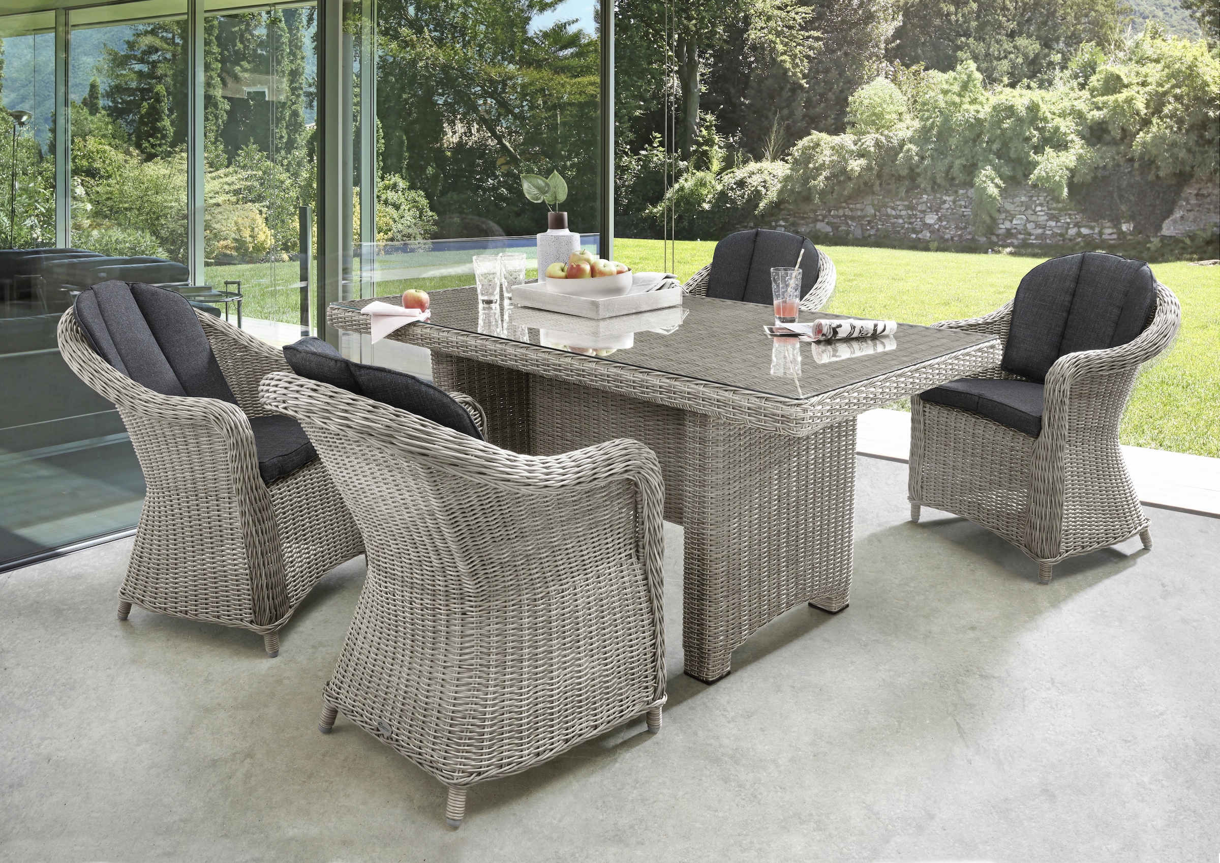 Destiny Garten-Essgruppe »MALAGA LUNA«, (Set, 13 tlg.), Polyrattan, 4 Sessel + Tisch 165x90x75cm, inkl. Auflagen