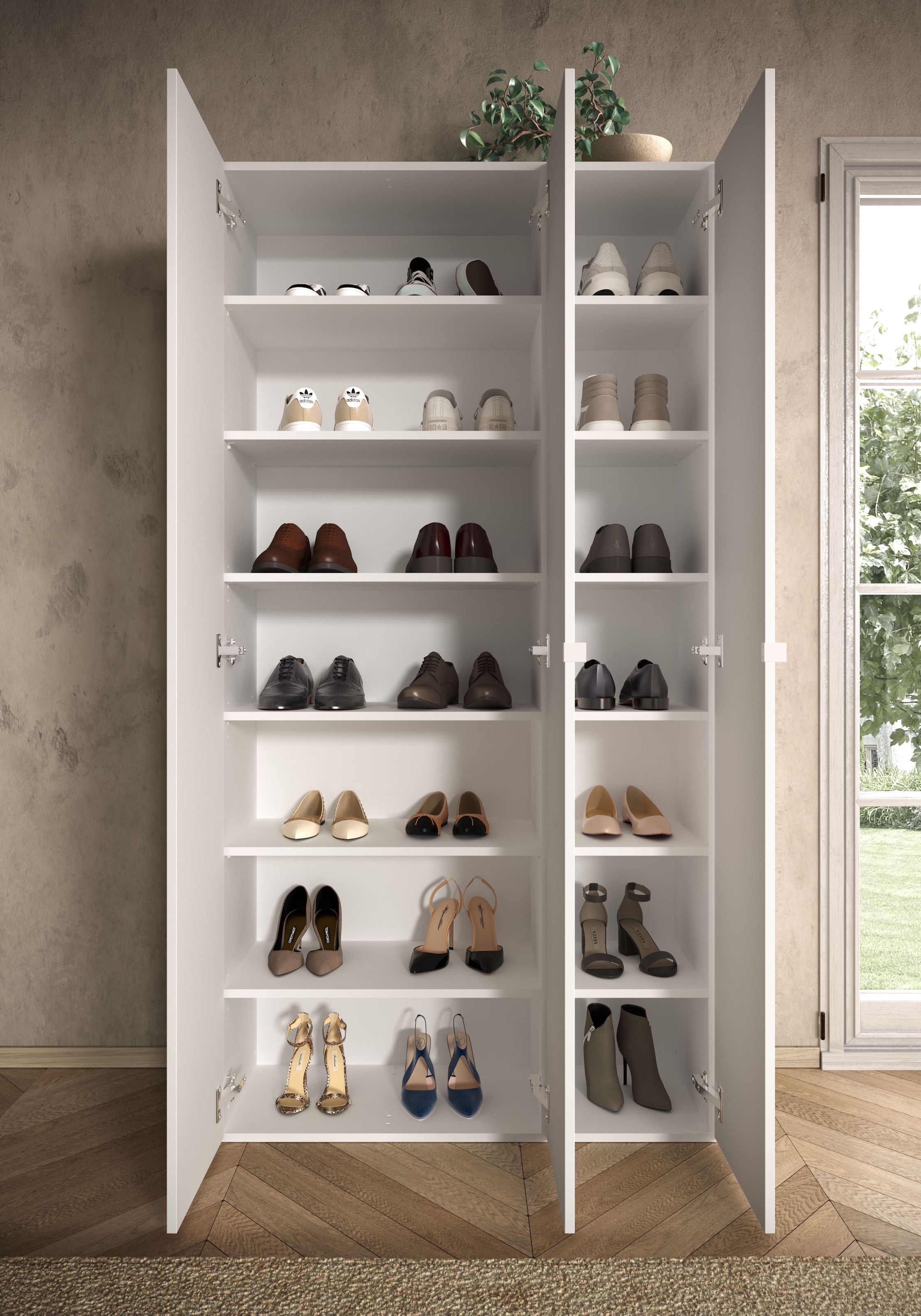 INOSIGN Schuhschrank »SMILE Breite 95 cm, Höhe 184 cm, Schuhregal mit 7 Ebenen,«, Schuhkommode in Weiss Hochglanz Lack