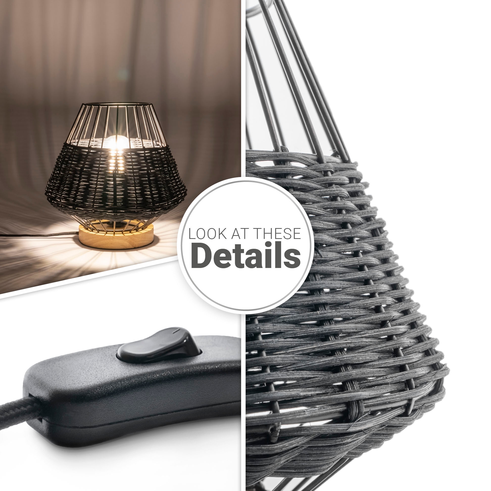 Paco Home Tischleuchte »PUNTO«, Leuchtmittel E27 | ohne Leuchtmittel, Rattan LED Käfig Lampe Boho Style Nacht Rustikal Holz E27