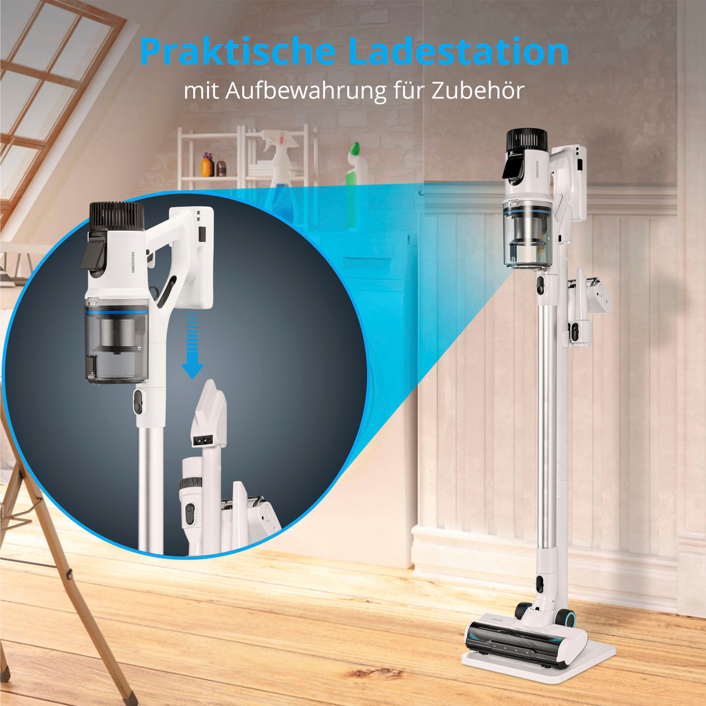 Medion® Akku-Stielstaubsauger »P400 W (MD 12051), beutellose Zyklon-Technologie, 26 kPa Saugleistung«, LED-Touch-Display, Staubsensor, integriertes Zubehör und Ladestation