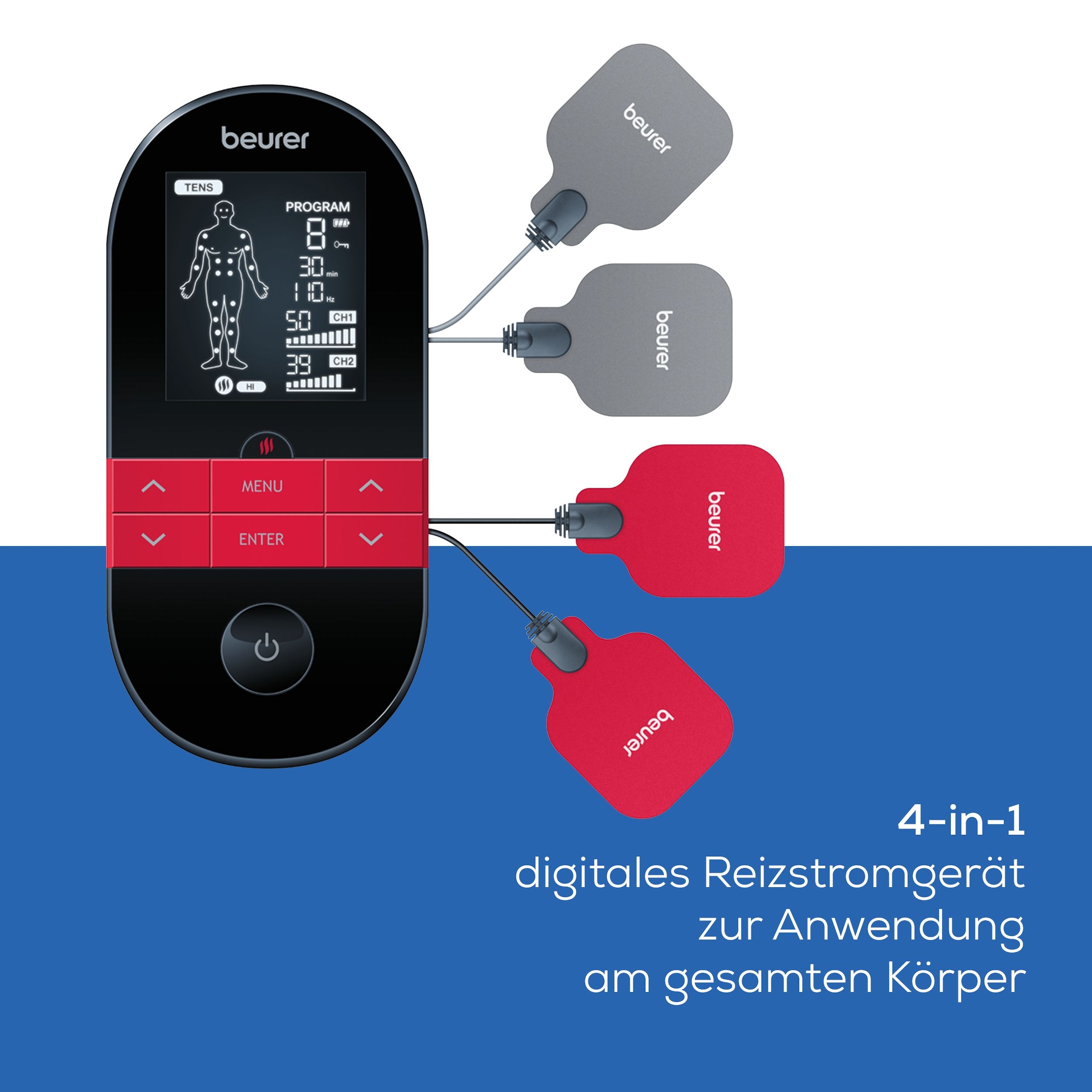 BEURER TENS-EMS-Gerät »EM 59, Reizstromgerät mit Wärmefunktion, 4 selbstklebende Elektroden«, 3-in-1: TENS (Schmerzlinderung), EMS (Muskelstimulation) und Massage