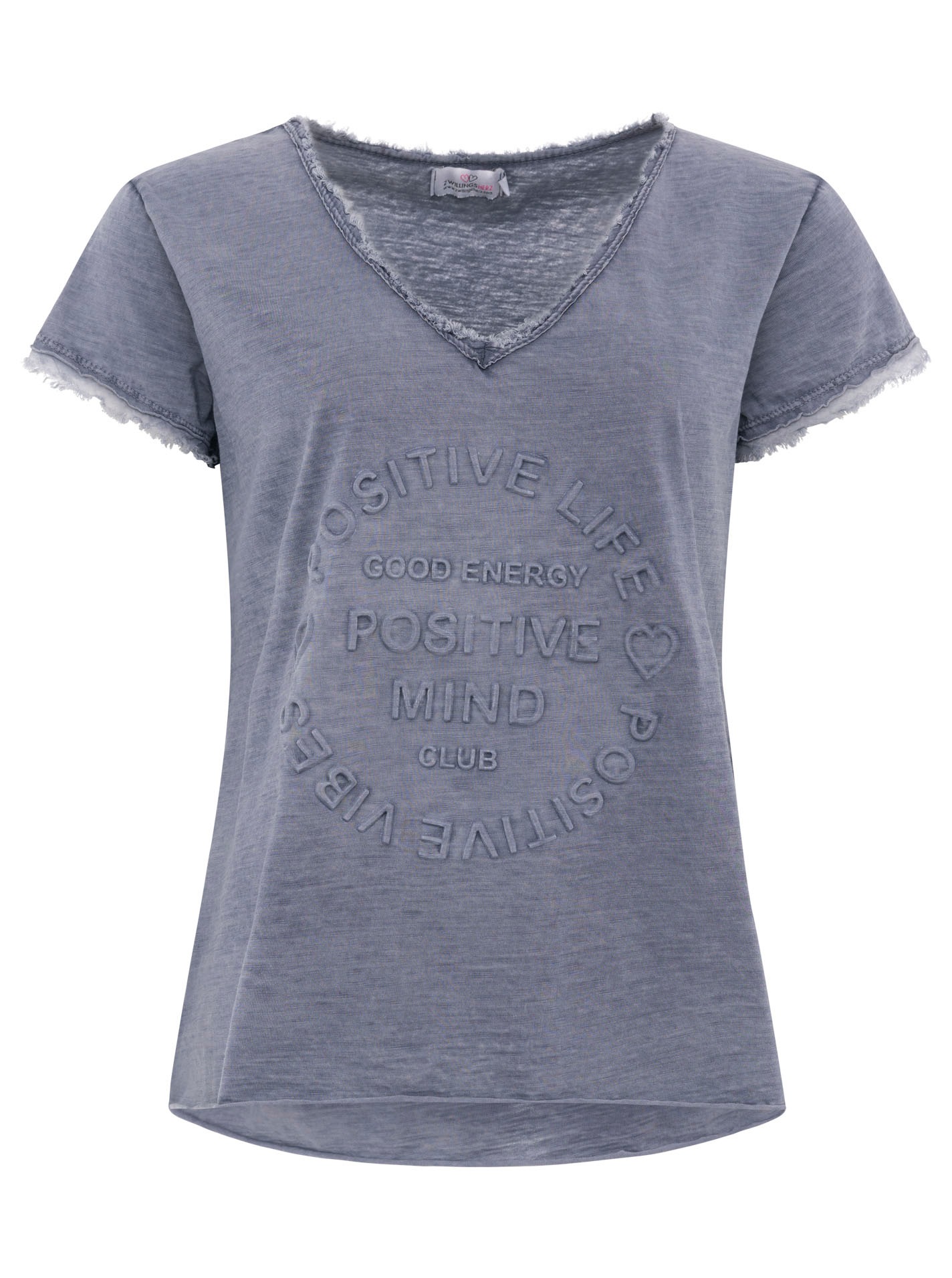 Zwillingsherz T-Shirt »"Positive Mind"« V-Ausschnitt, Kurzarm, Used-Look, Baumwolle, ausgefranste Kanten