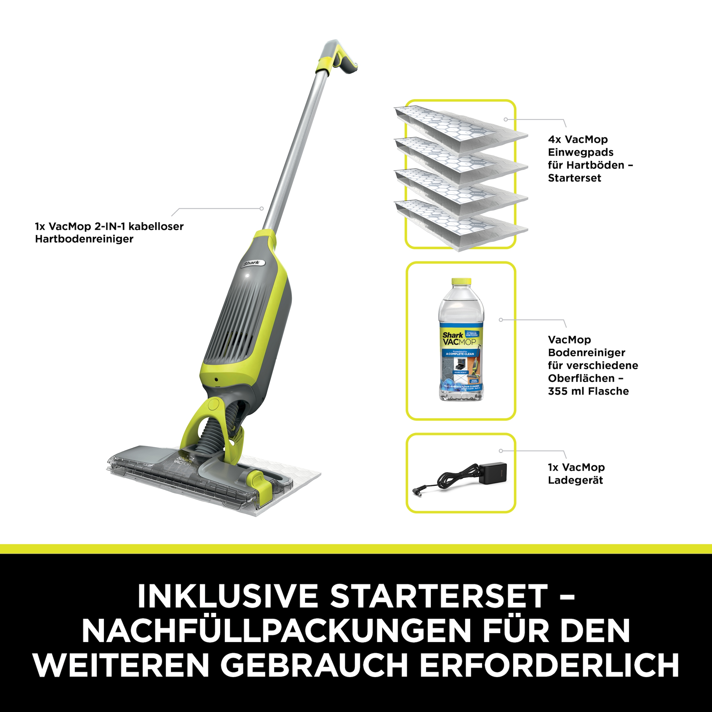 Shark Akku-Wischmopp »Shark VacMop 2-in-1 kabelloser Staubsauger und Sprühmopp VM200EU« VOLLSTÄNDIGE REINIGUNG MIT EINEM EINZIGEN EINWEGPAD, kabellos, leicht