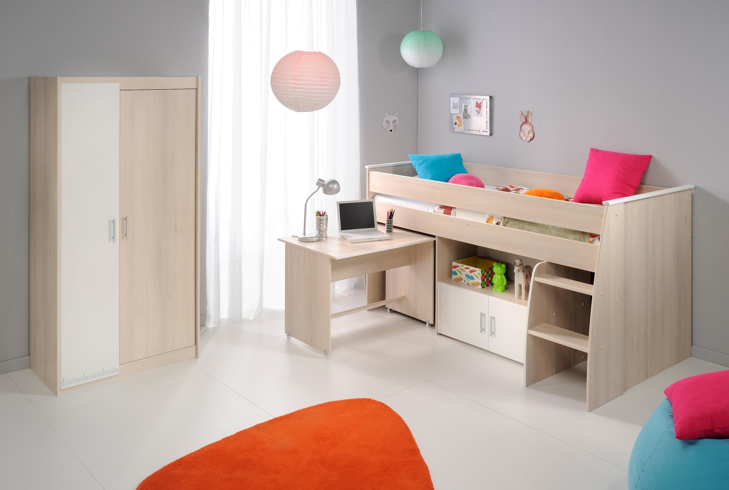 Bett Kommode), kaufen herausziehbarem und Rollen St., Schreibtisch Parisot Jugendzimmer-Set mit auf Schreibtisch) halbhohes (Set, »Charly«, Kleiderschrank online Bett 3 ein und (inkl.