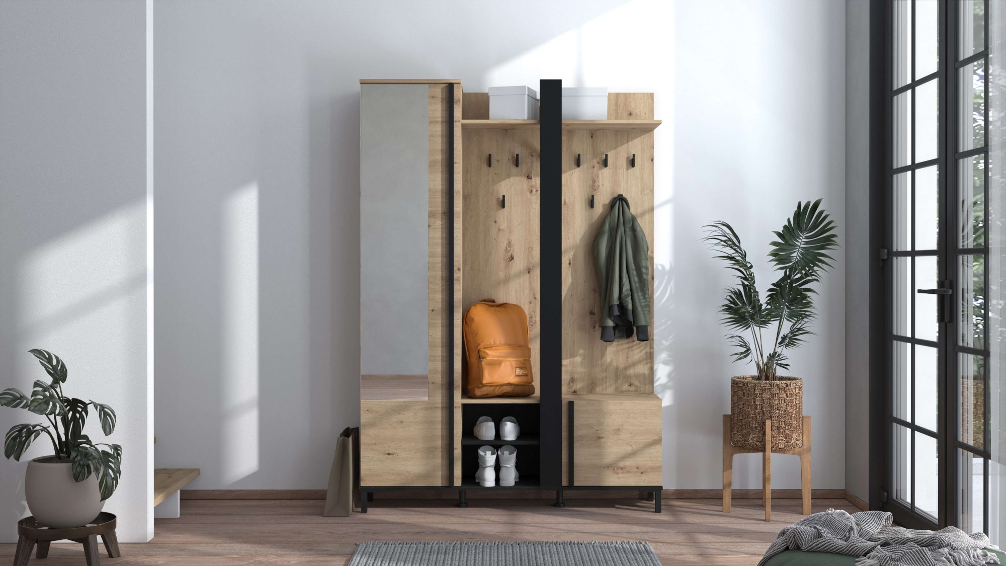 Home affaire Kompaktgarderobe »Nino Flurgarderobe, Dielenschrank, Flurmöbel, Garderobe, Breite 135 cm«, Schuhschrank, Spiegel, Haken, viel Stauraum, ideal für kleine Räume